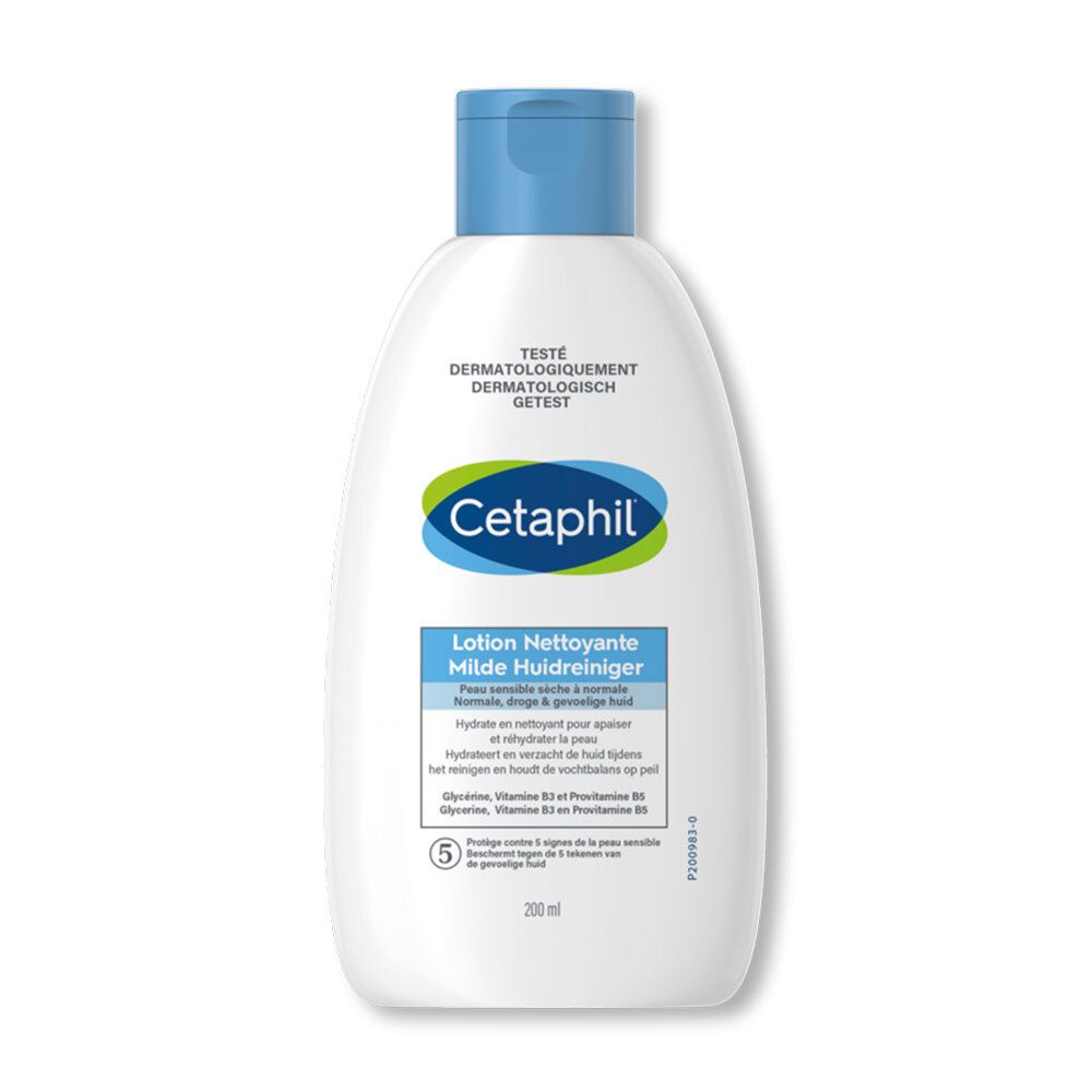 Cetaphil Reinigungslotion, weiße Flasche mit blauem Deckel. Aufschrift: Cetaphil, Lotion Nettoyante, Milde Huidreiniger.