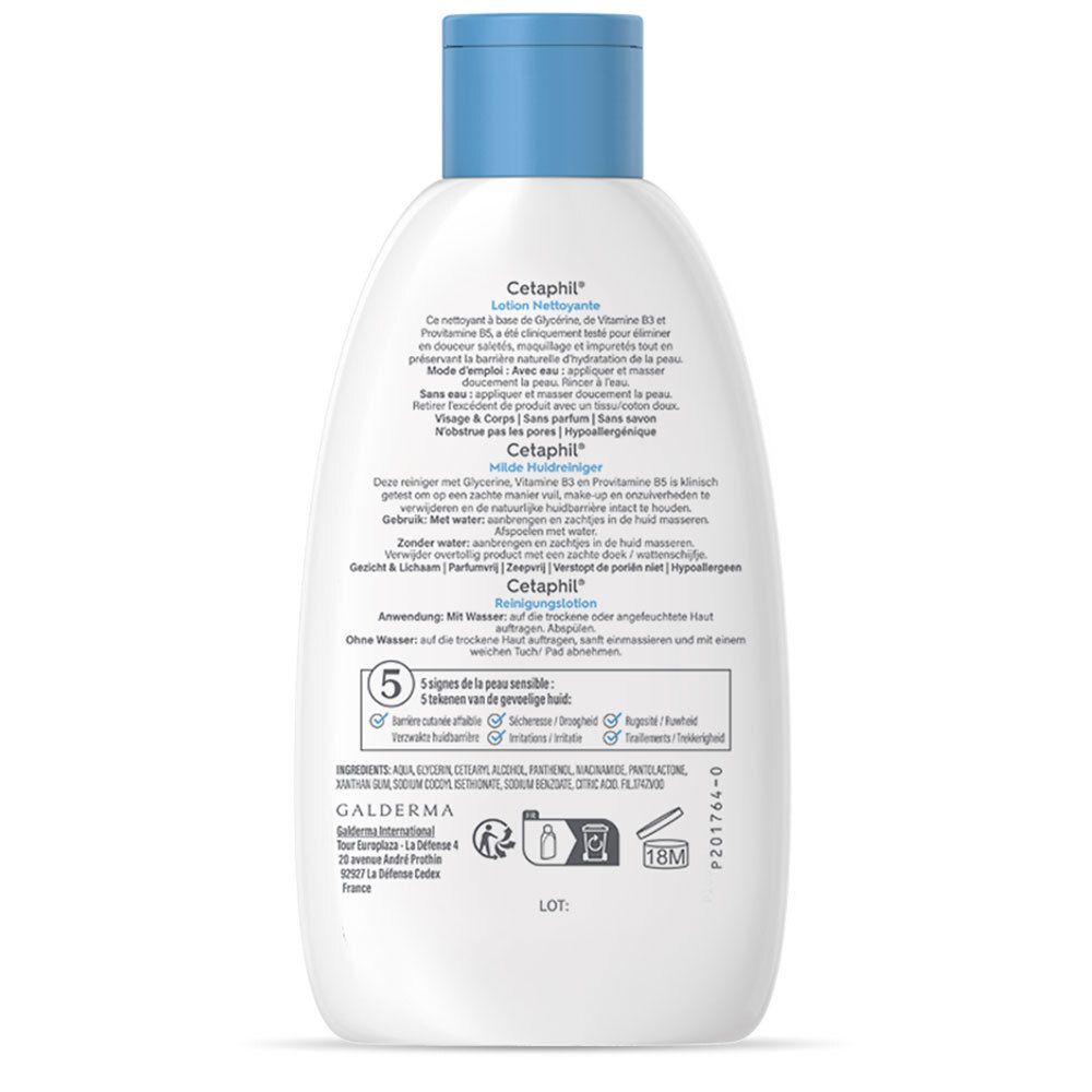 Rückseite der Cetaphil-Reinigungslotion-Flasche. Text: Cetaphil, Lotion Nettoyante, Milde Huidreiniger. Inhaltsstoffe, Anwendungshinweise.