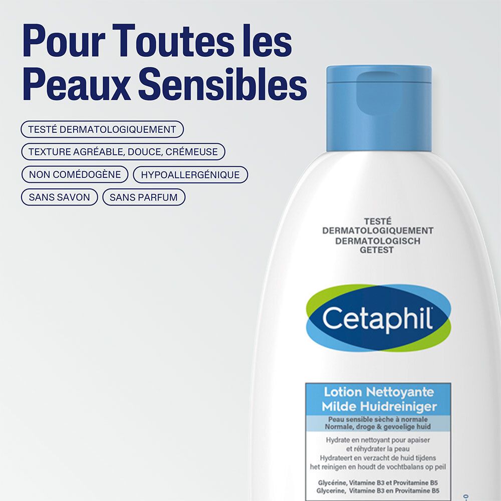 Cetaphil-Flasche mit blauem Deckel. Text: Für alle empfindlichen Hauttypen. Getestet dermatologisch.