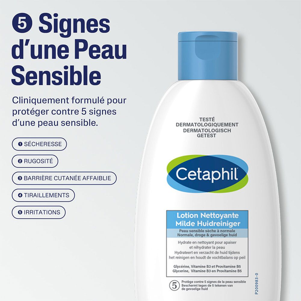 Cetaphil-Flasche mit blauem Deckel. Text: 5 Anzeichen empfindlicher Haut. Trockenheit, Rauheit, geschwächte Hautbarriere, etc.