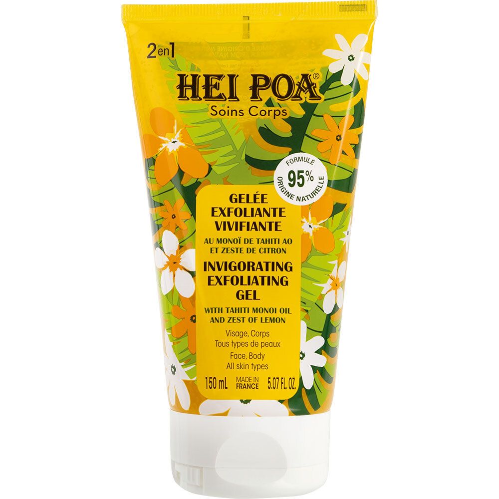 Gelbe Tube mit floralem Design. Aufschrift: HEI POA, Gelee Exfoliante Vivifiante. Enthält Monoi-Öl und Zitronenschale. 150 ml.