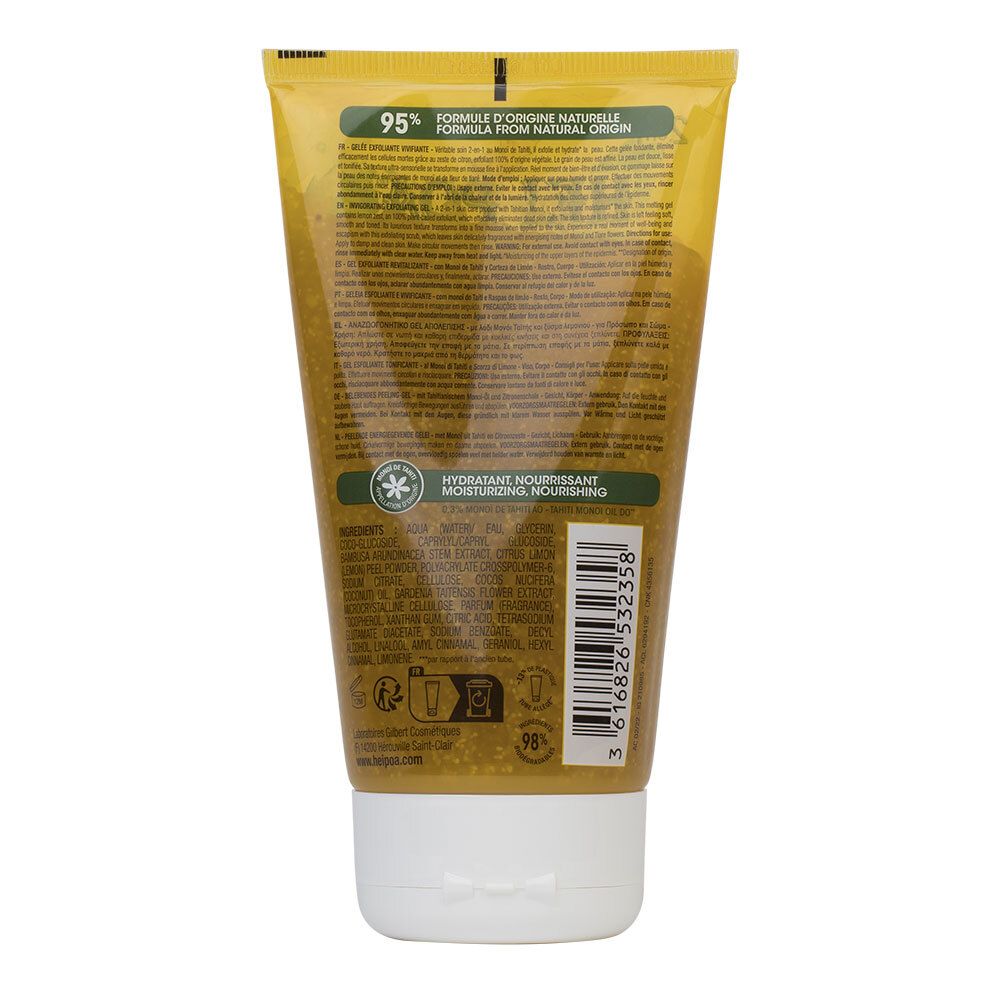 Rückseite einer gelben Tube. Text: Inhaltsstoffe, Formel 95% natürlichen Ursprungs. Mit weißem Verschluss.