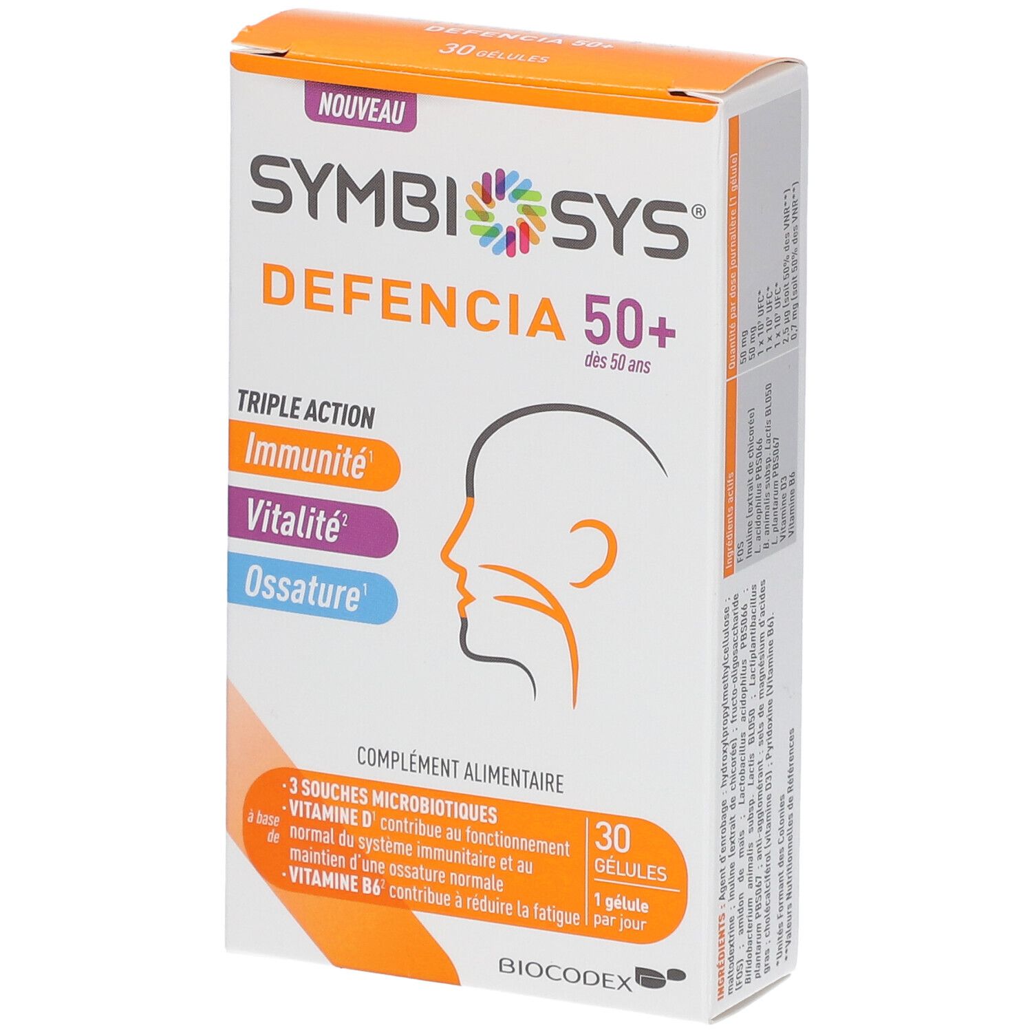 Schachtel SYMBIOSYS Defencia 50+. Dreifache Wirkung: Immunität, Vitalität, Knochen. 30 Kapseln. BIODECOX.
