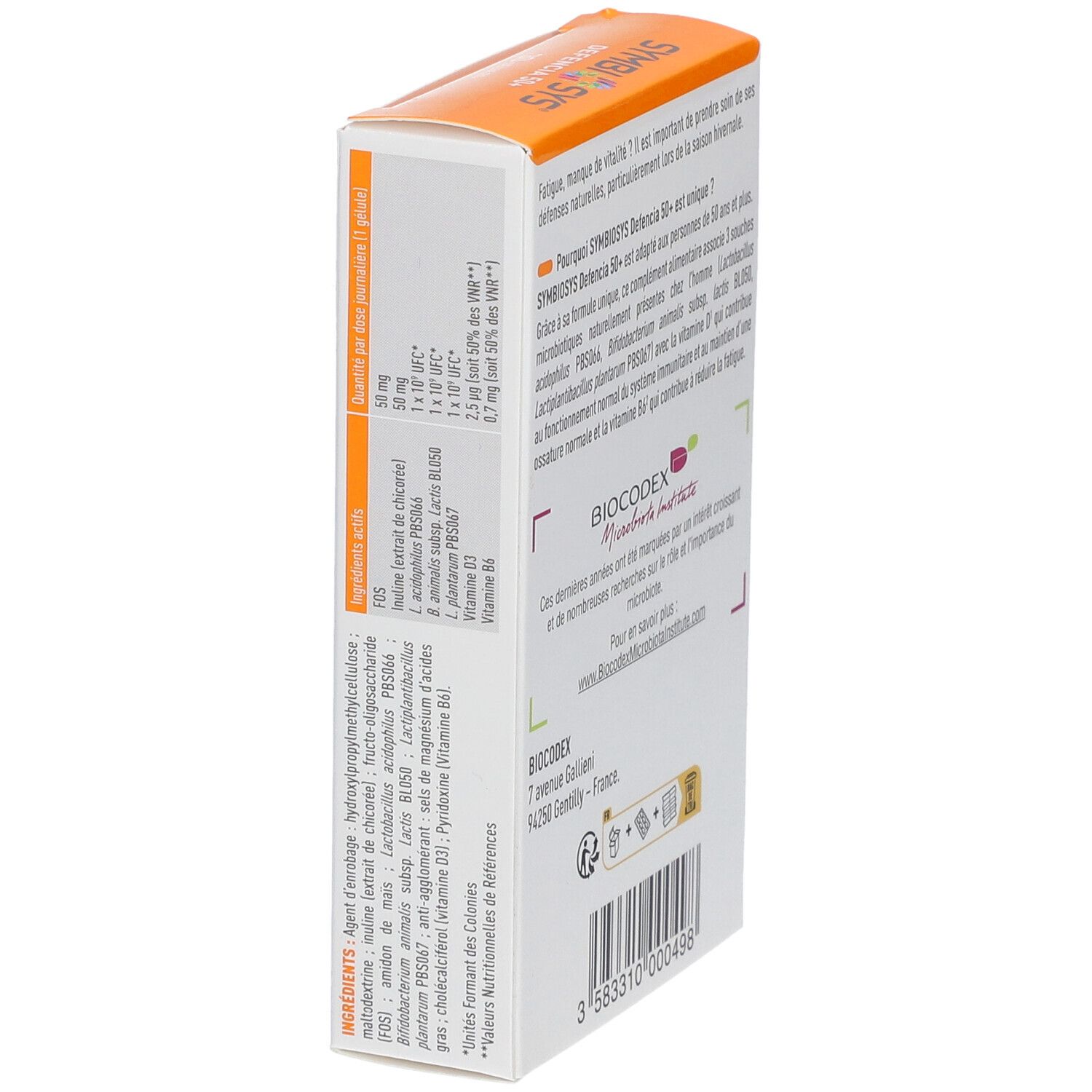 Seite der Schachtel SYMBIOSYS Defencia 50+. Inhaltsstoffe und Nährwertangaben. BIODECOX.
