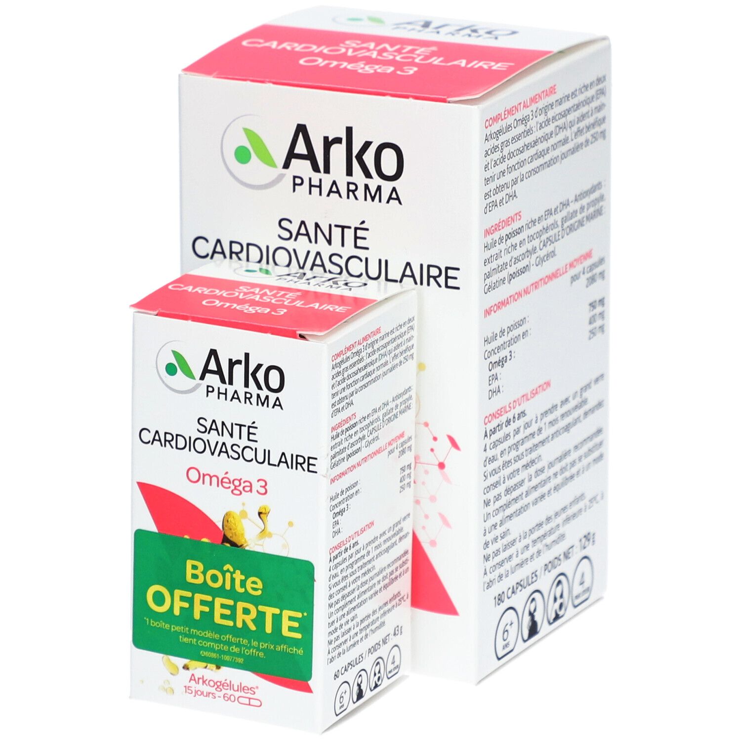 Deux boîtes de gélules Oméga 3. Inscriptions : Arko Pharma, Santé Cardiovasculaire, Oméga 3. Une boîte avec "Boîte OFFERTE".