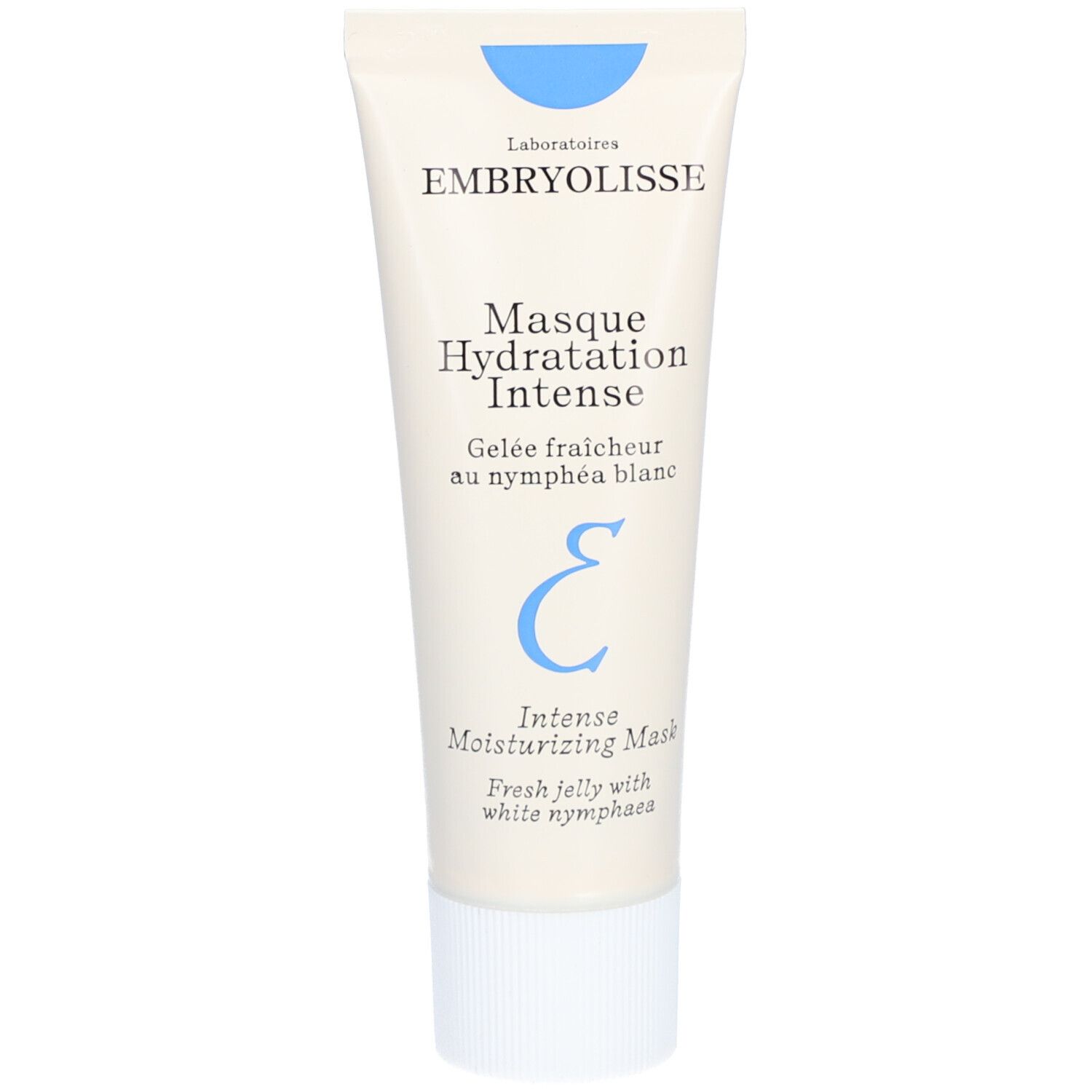 Creme-Tube mit Produktnamen und Logo. Weißes Tube mit blauem Deckel. Text: Masque Hydratation Intense.