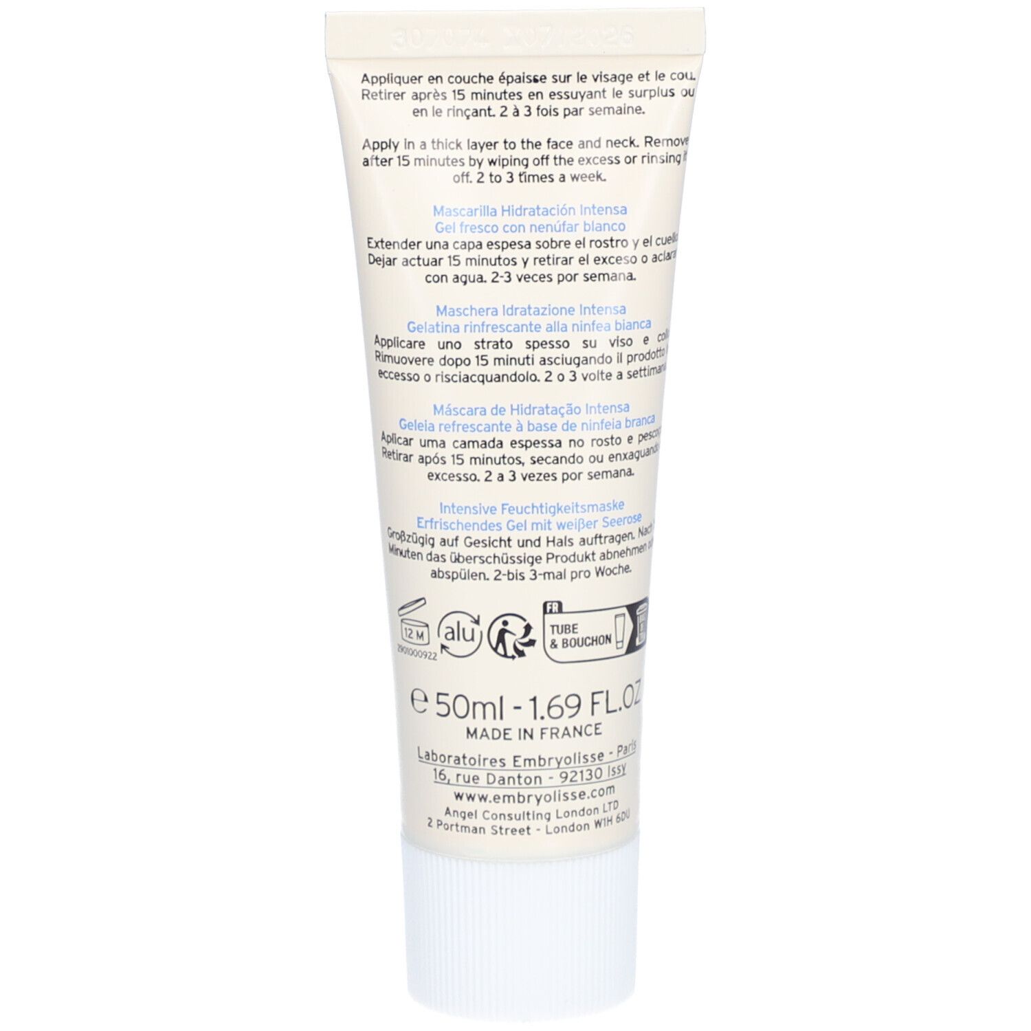 Rückseite der Tube. Text in mehreren Sprachen: Anwendung, Inhaltsstoffe, Herstellerinformationen, Größe 50ml.