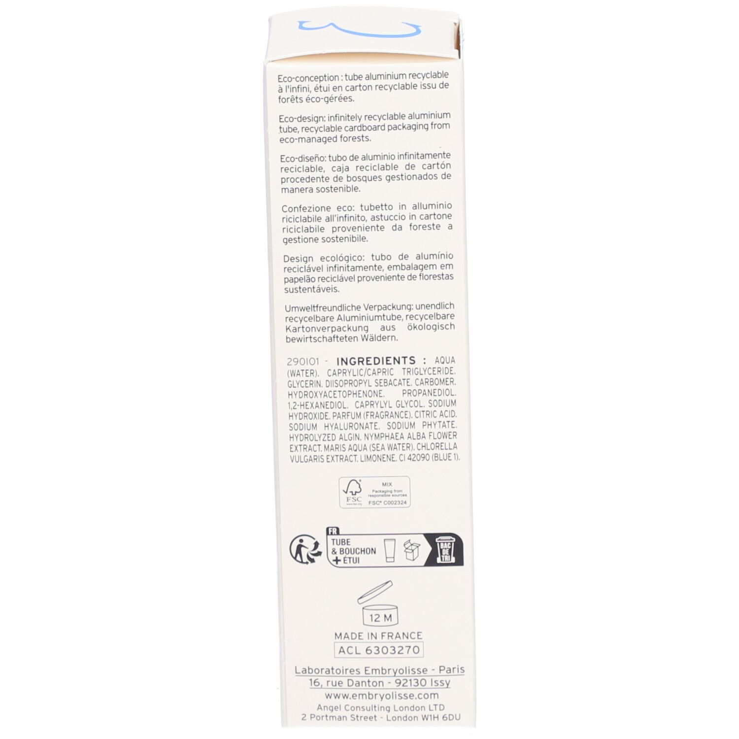 Rückseite der Verpackung. Text in mehreren Sprachen: Informationen zu Inhaltsstoffen, Recycling, Hersteller.