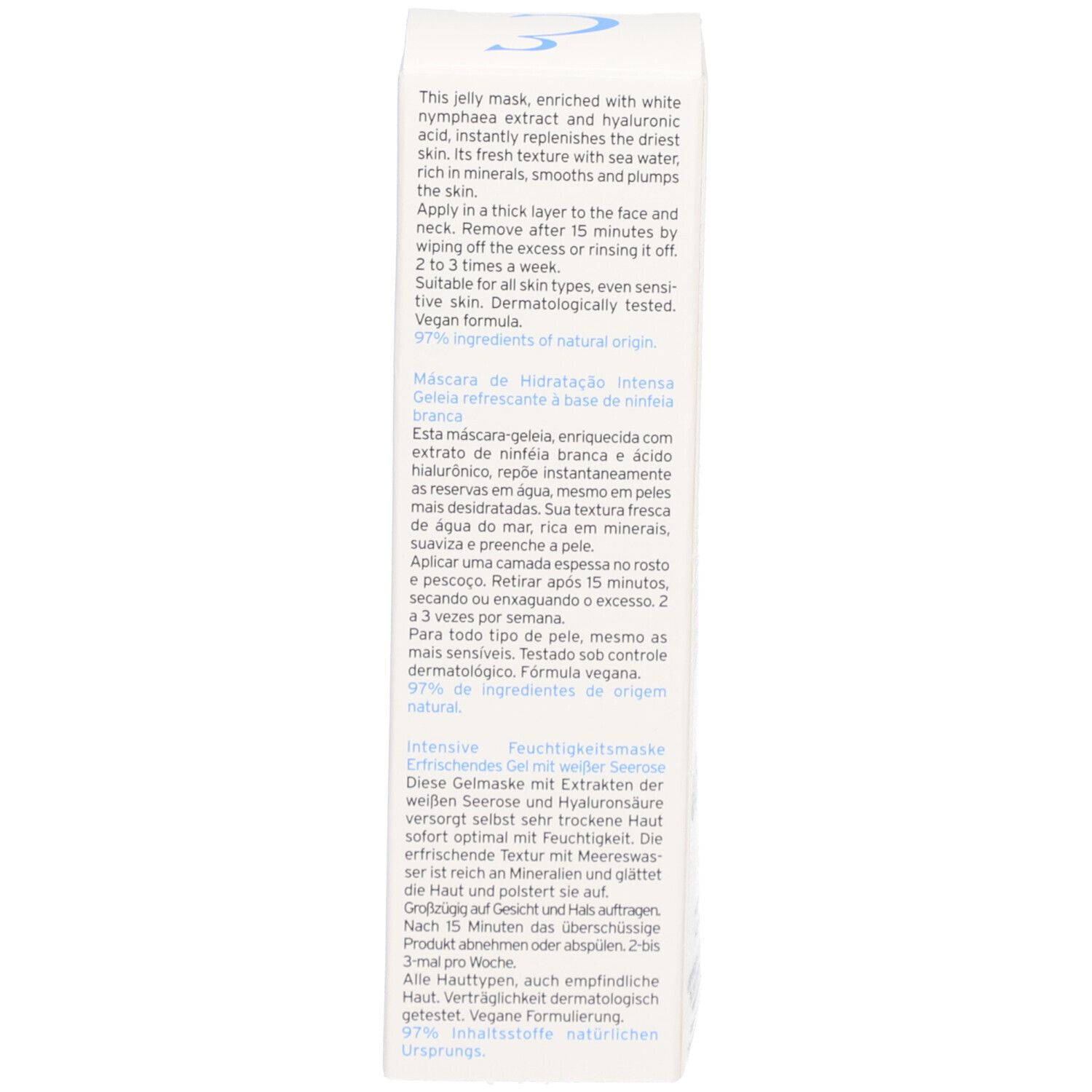 Rückseite der Verpackung. Text in mehreren Sprachen: Produktbeschreibung, Inhaltsstoffe, Anwendungshinweise.