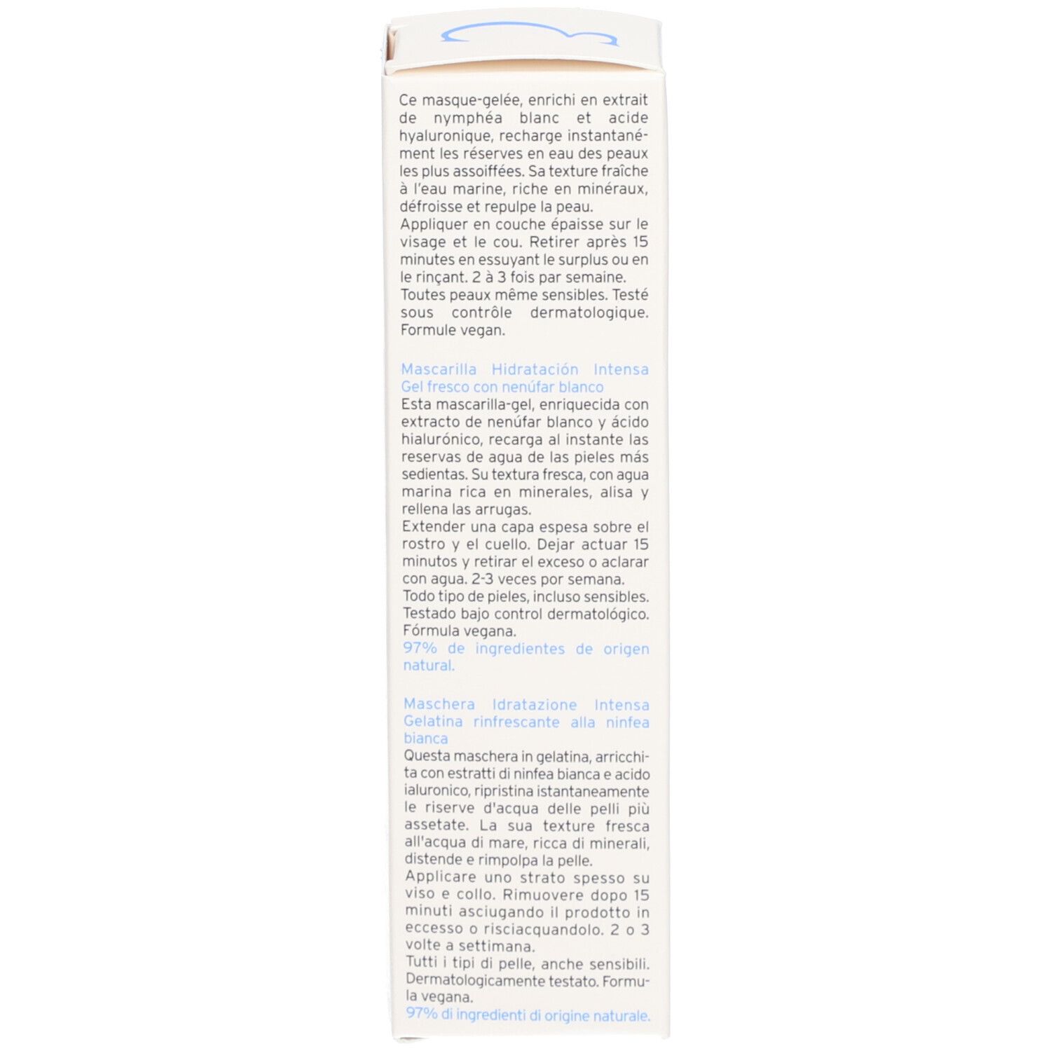 Rückseite der Verpackung. Text in mehreren Sprachen: Produktbeschreibung, Inhaltsstoffe, Anwendungshinweise.