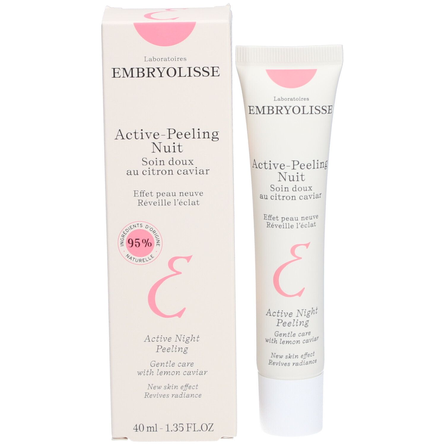 Tube et emballage du produit côte à côte. Rose et blanc. Texte.