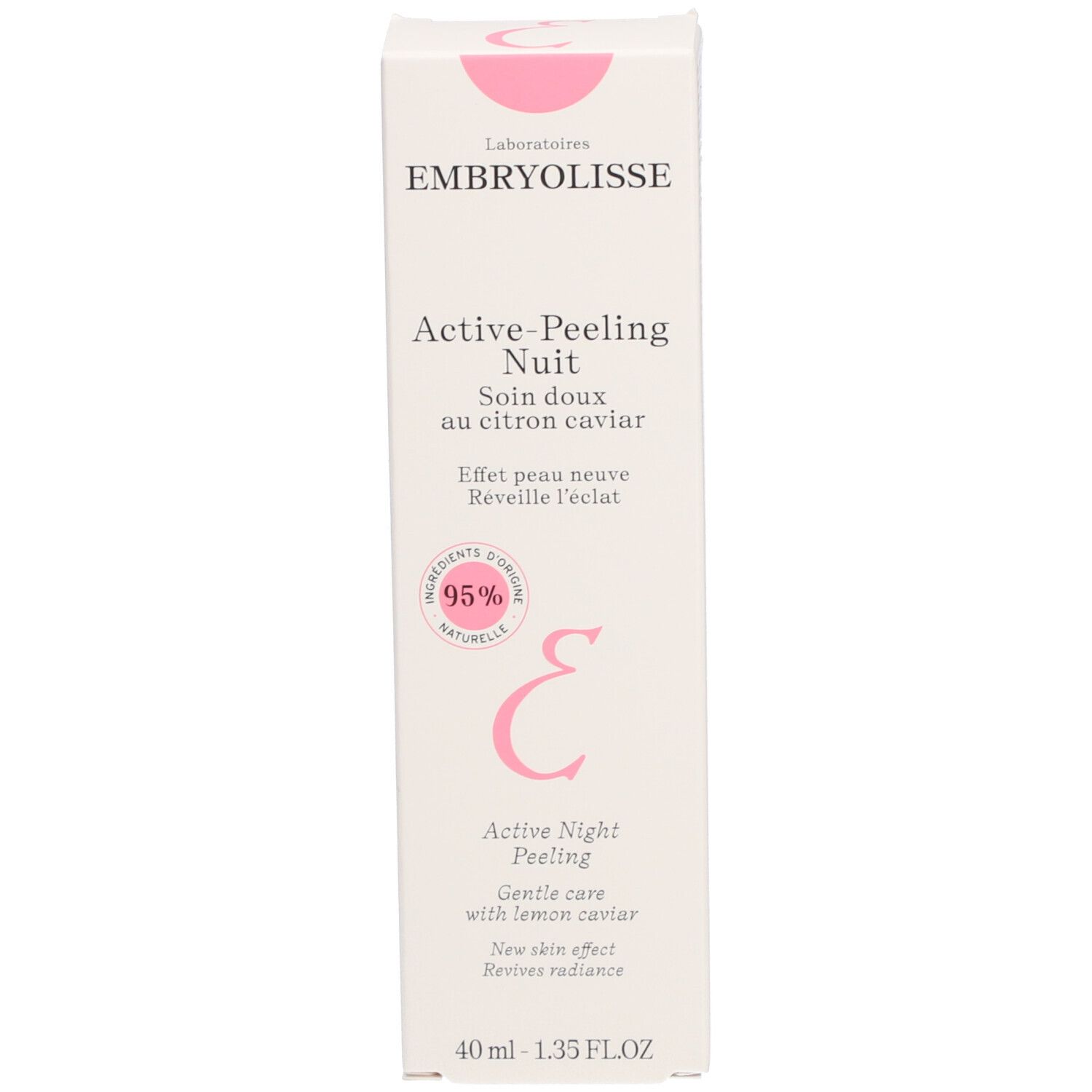 Emballage du produit, blanc avec des accents roses. Texte.