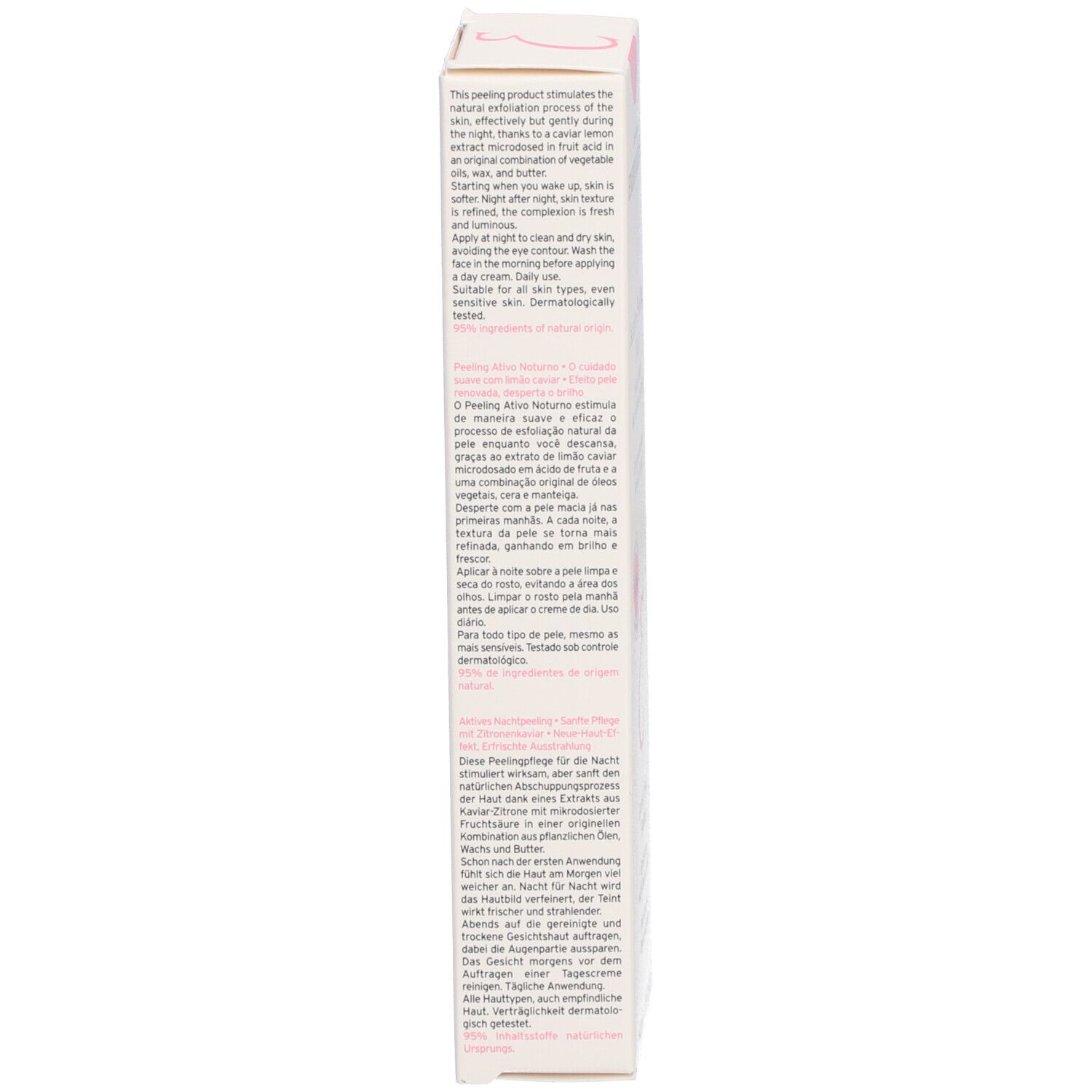 Emballage du produit, texte sur fond blanc. Plusieurs langues.