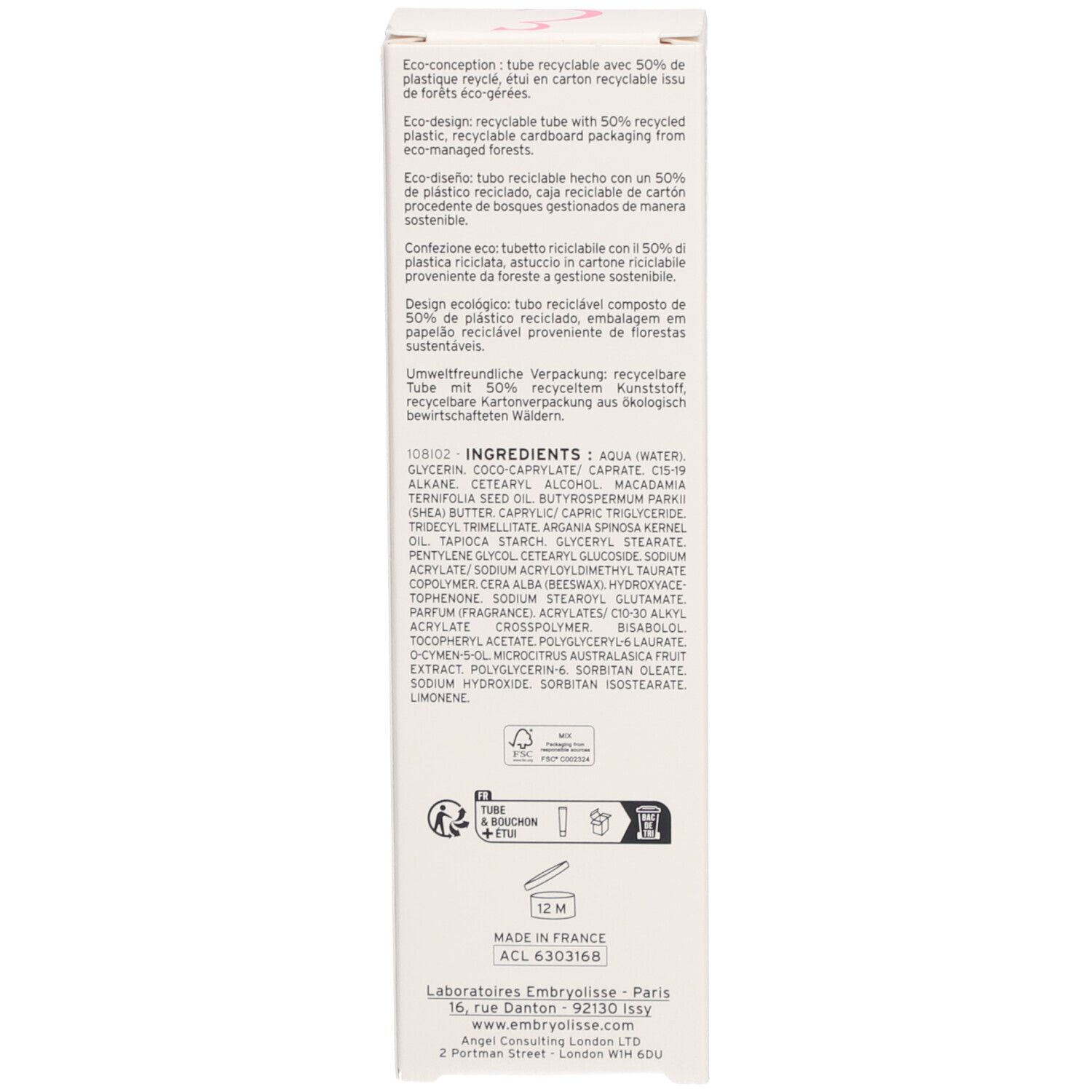 Emballage du produit, texte sur fond blanc. Ingrédients et logos.