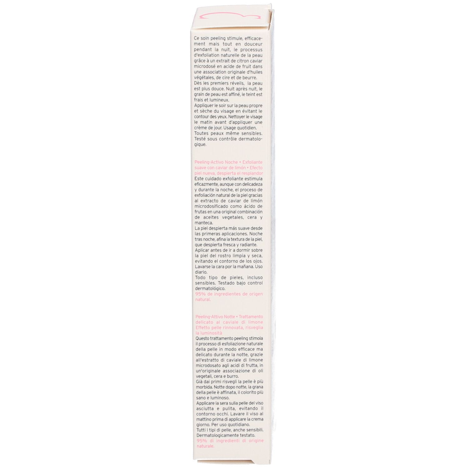 Emballage du produit, texte sur fond blanc. Plusieurs langues.