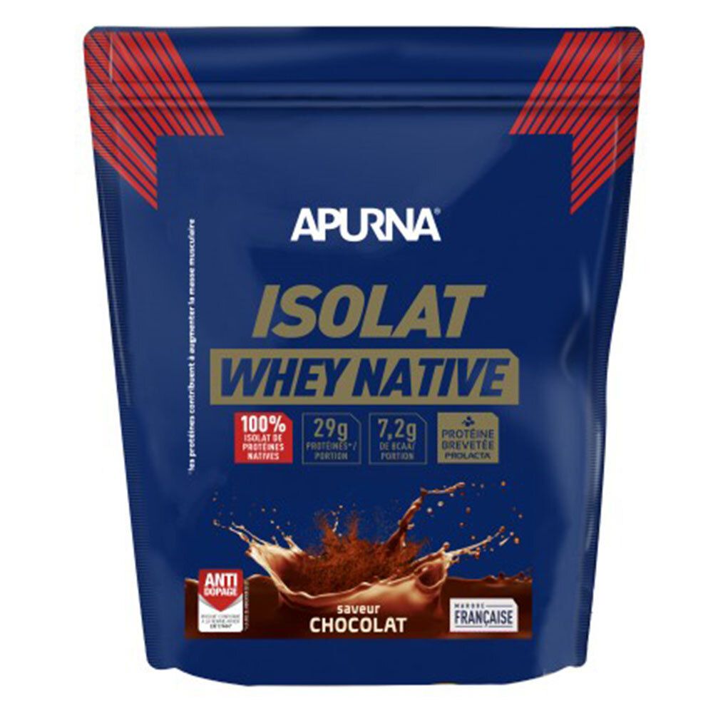 Blaue Verpackung mit APURNA ISOLAT WHEY NATIVE. Schokoladen-Geschmack. Roter Akzent oben. Text: 100% ISOLAT DE PROTÉINES NATIVES.