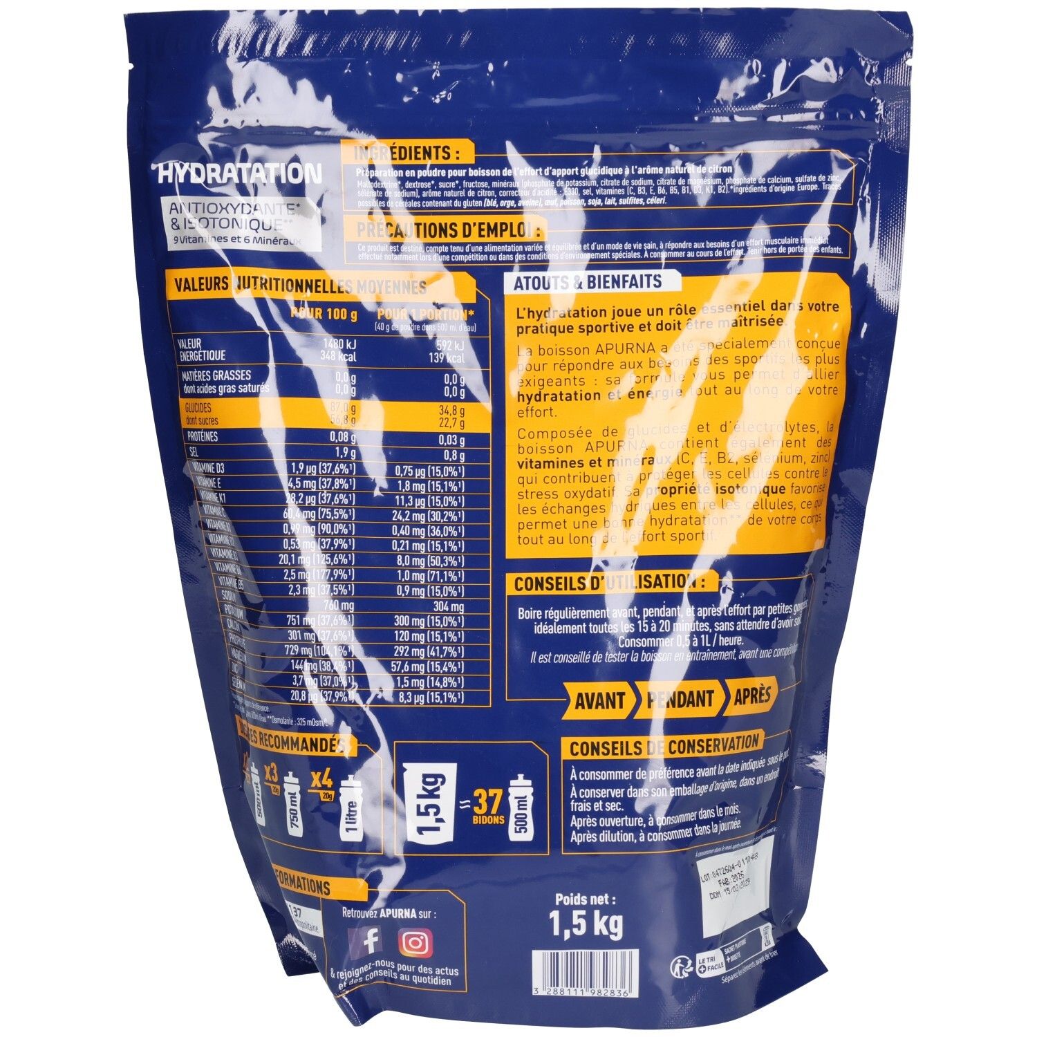 Dos du sachet APURNA. Texte: Hydratation, Ingrédients, Valeurs nutritionnelles, Conseils d'emploi, Conseils de conservation. 1,5 kg.