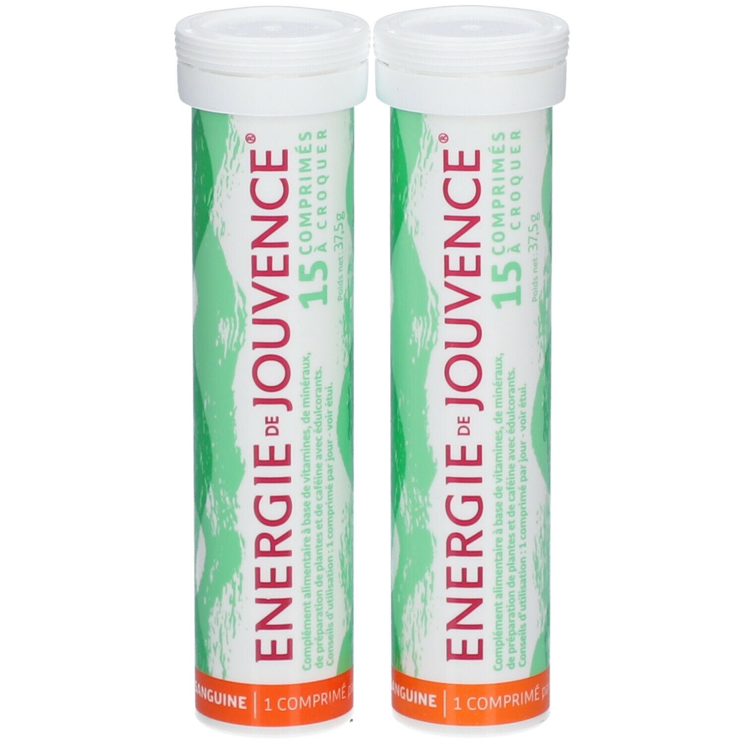 Zwei Tuben mit Tabletten. Aufschrift: Energie de Jouvence, 15 Tabletten zum Kauen. Orangefarbener Boden.