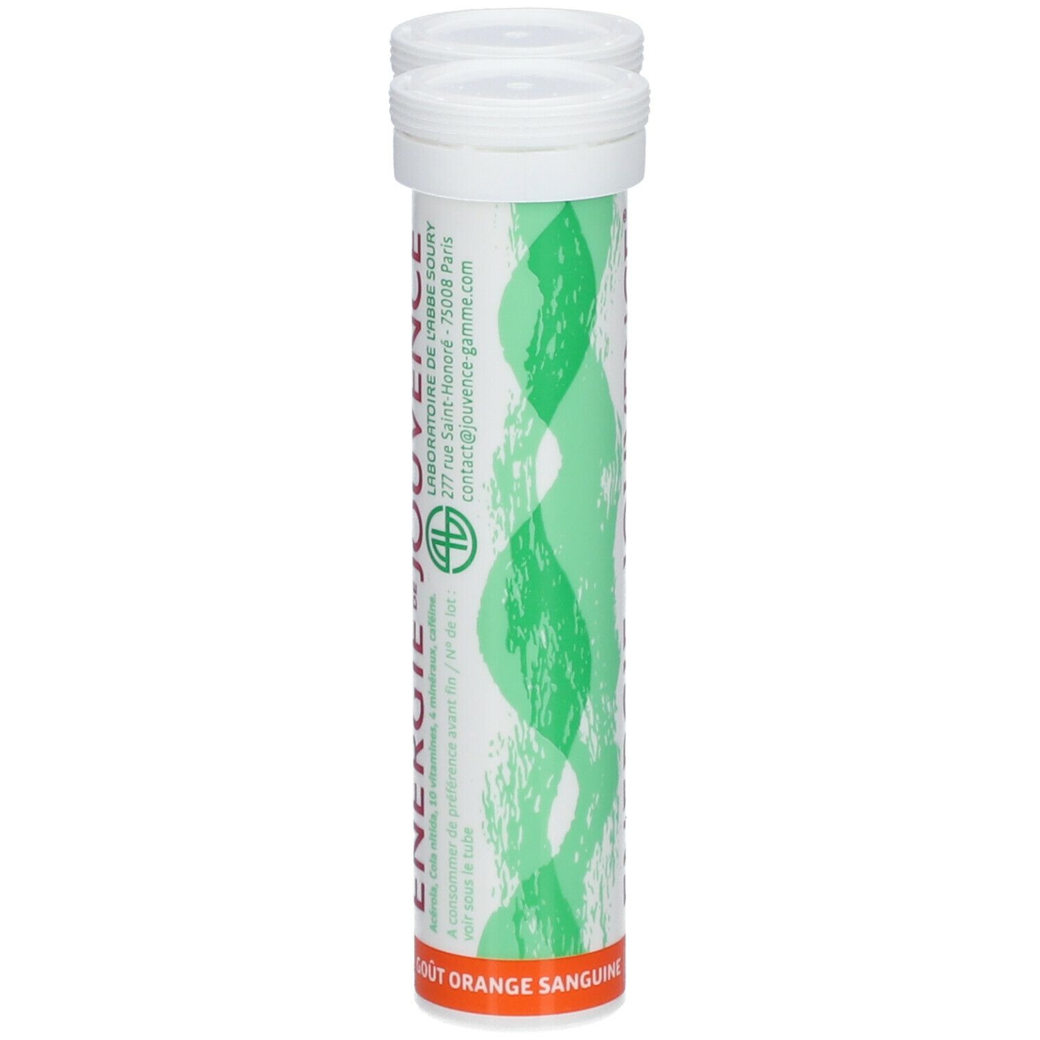 Eine Tube mit Tabletten. Aufschrift: Energie de Jouvence. Grüne Wellenmuster. Geschmack: Blutorange.