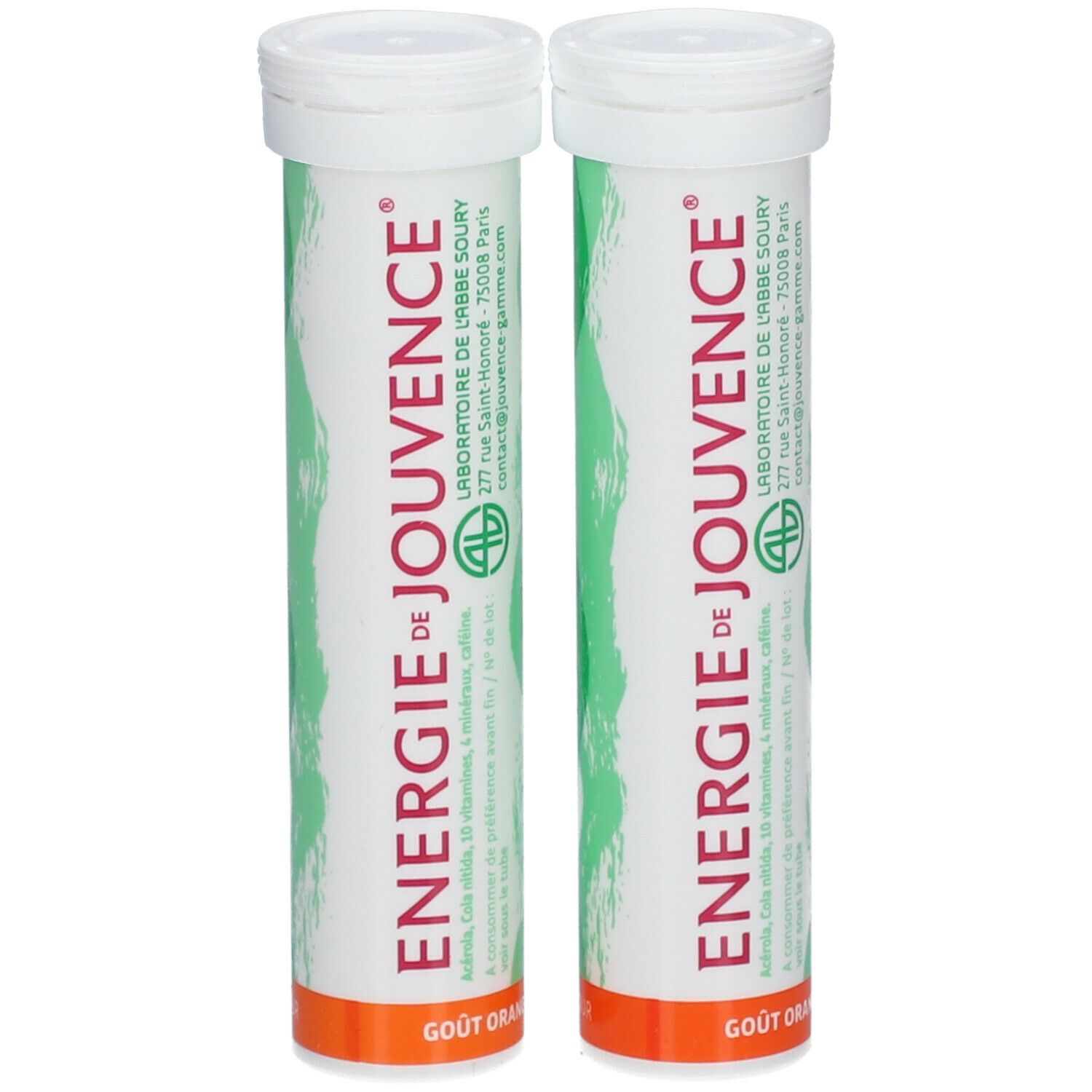 Zwei Tuben mit Tabletten. Aufschrift: Energie de Jouvence. Orangefarbener Boden. Grünes Wellenmuster.