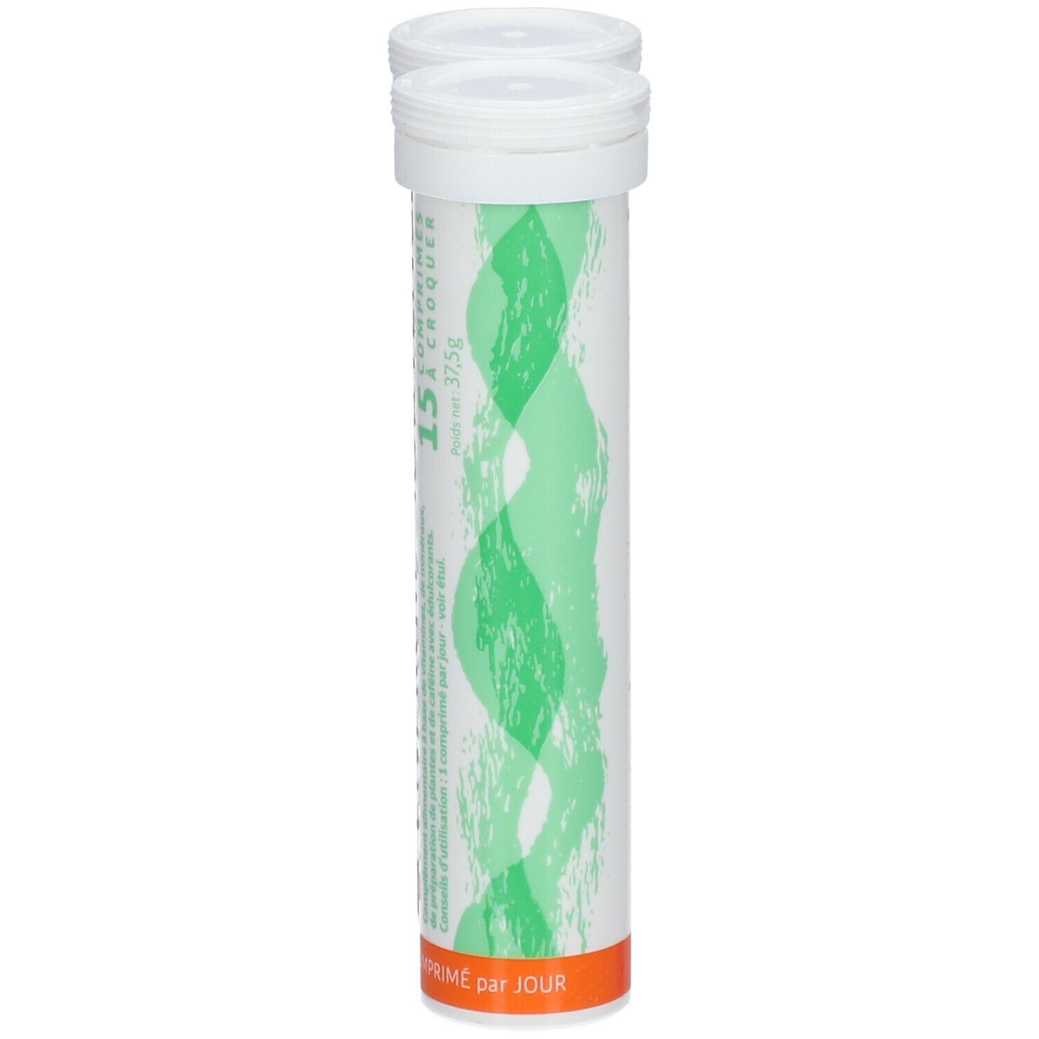 Eine Tube mit Tabletten. Aufschrift: Energie de Jouvence, 15 Tabletten zum Kauen. Grünes Wellenmuster.