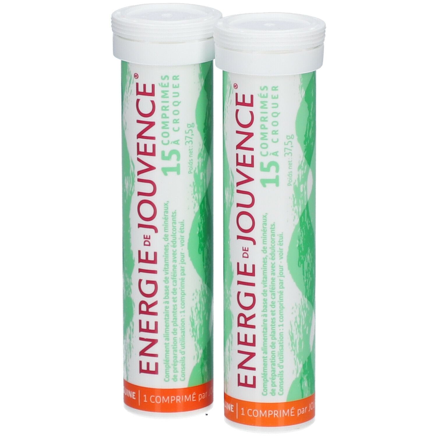 Zwei Tuben mit Tabletten. Aufschrift: Energie de Jouvence, 15 Tabletten zum Kauen. Grünes Wellenmuster.