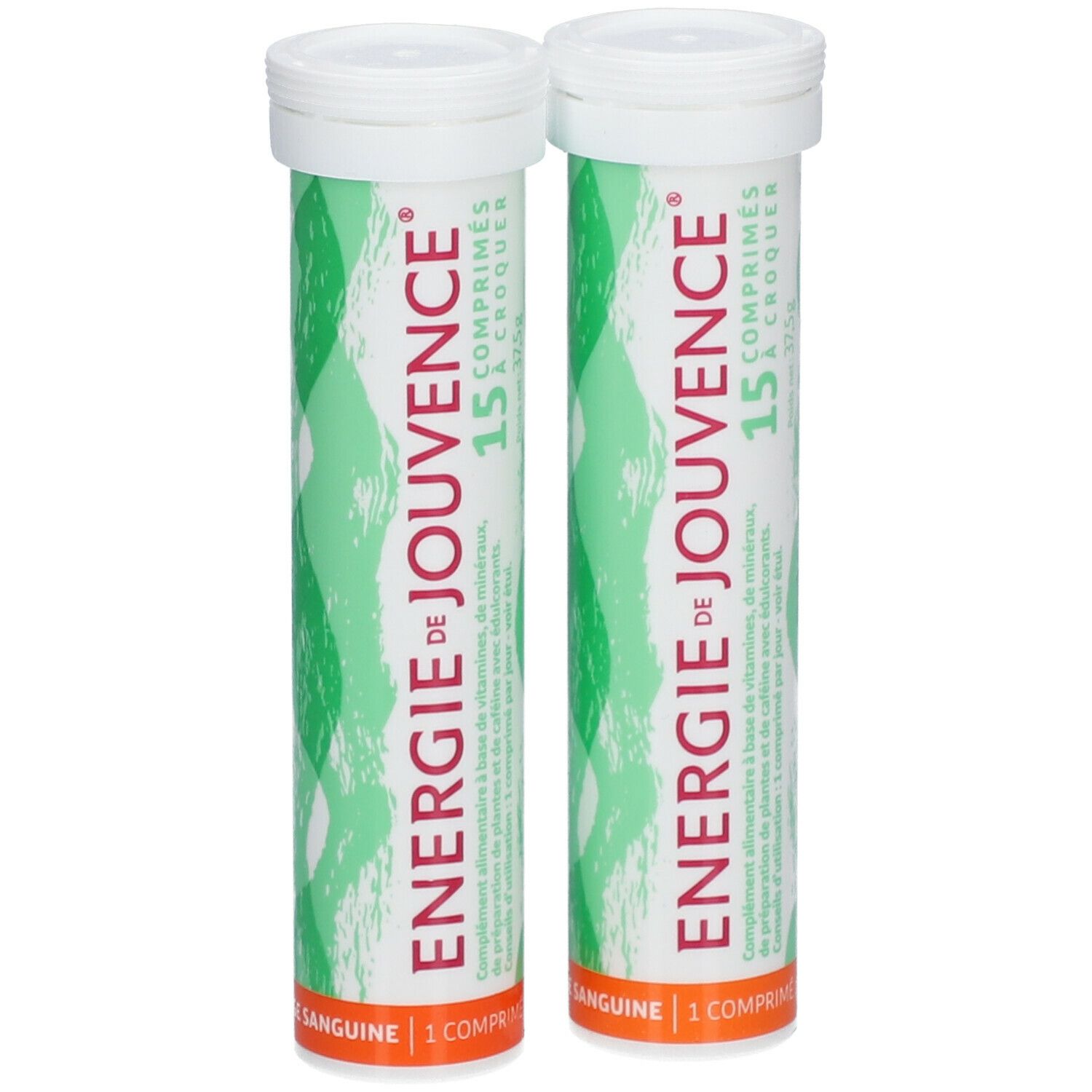 Zwei Tuben mit Tabletten. Aufschrift: Energie de Jouvence, 15 Tabletten zum Kauen. Grünes Wellenmuster.