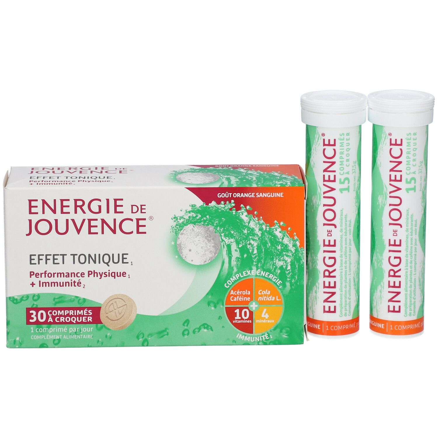 Eine Schachtel und zwei Tuben mit Tabletten. Aufschrift: Energie de Jouvence, 30 Tabletten. Orangefarbener Hintergrund.