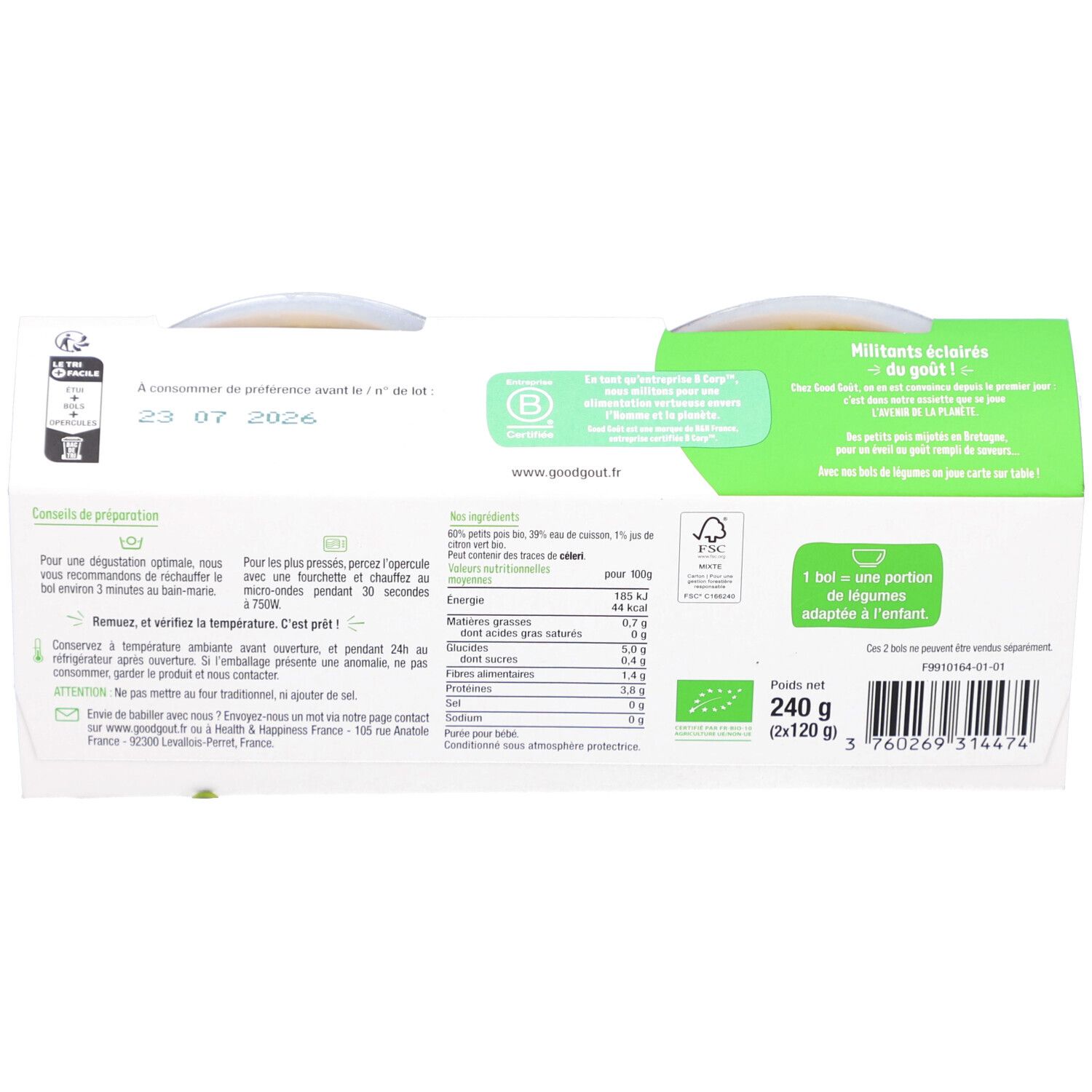 Dos de l'emballage GOODGOUT BABY Petits Pois. Informations ingrédients, valeurs nutritionnelles et DLC.