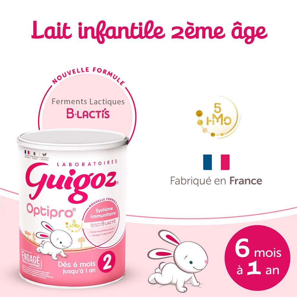 Boîte de lait infantile Guigoz Optipro 2. Illustration de lapin. Fabriqué en France. Pour 6-12 mois.