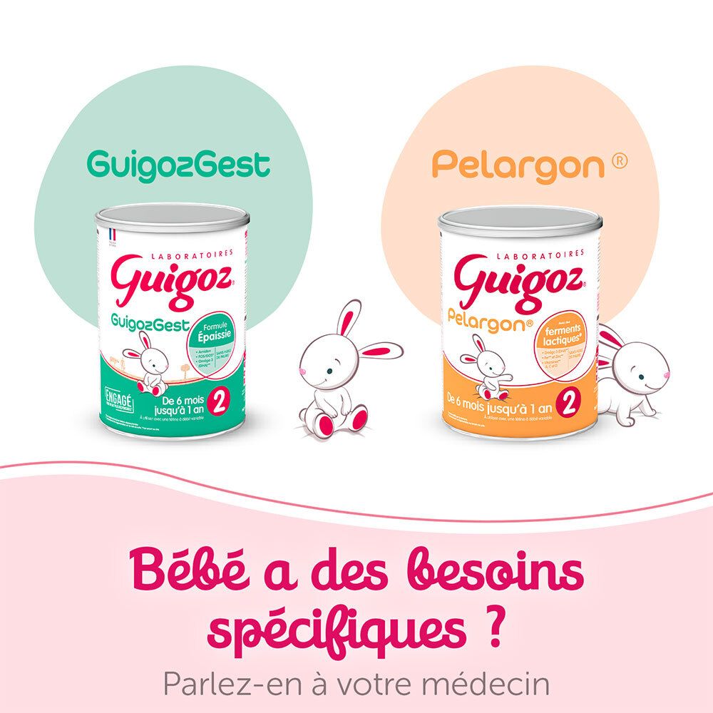 Comparaison de Guigoz 2 avec GuigozGest et Pelargon. Illustrations de lapins. Pour besoins spécifiques.
