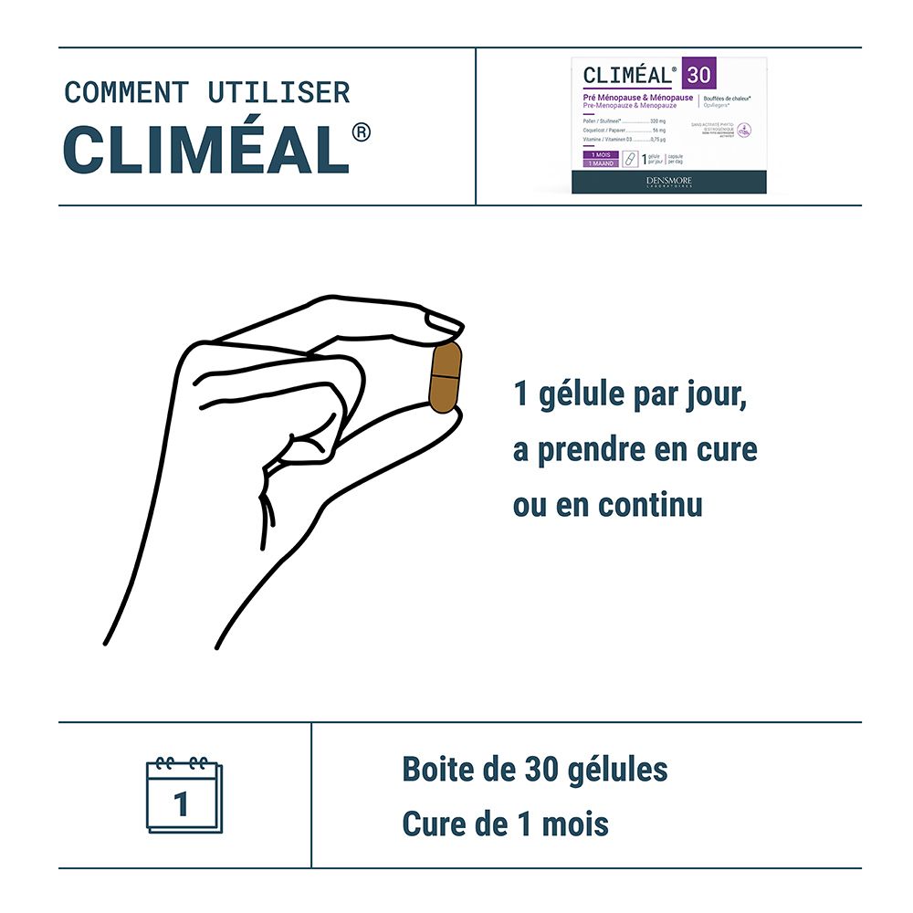 Main tenant une gélule. Texte : 1 gélule par jour. Boîte de 30 gélules. Cure d'un mois.