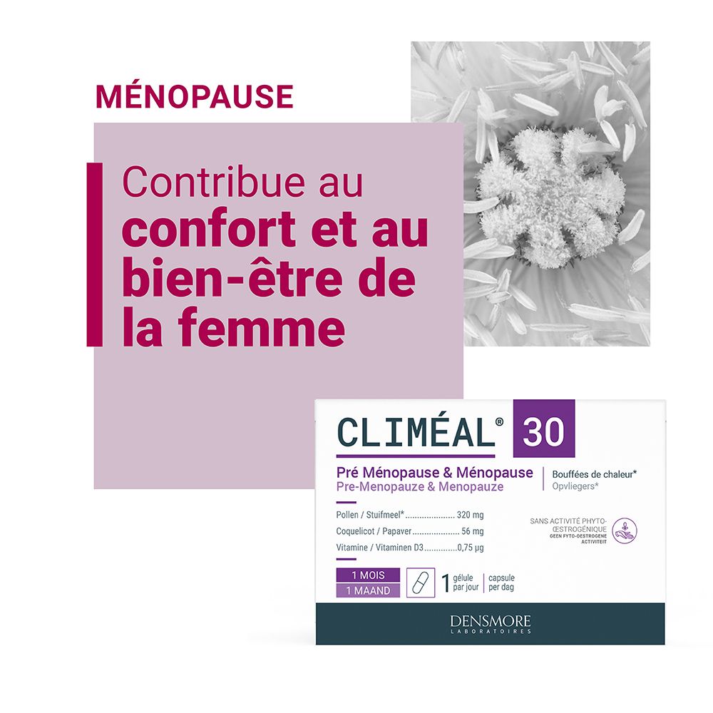 Publicité pour Climeal 30. Montre un emballage et du texte sur la ménopause. Avec ingrédients.