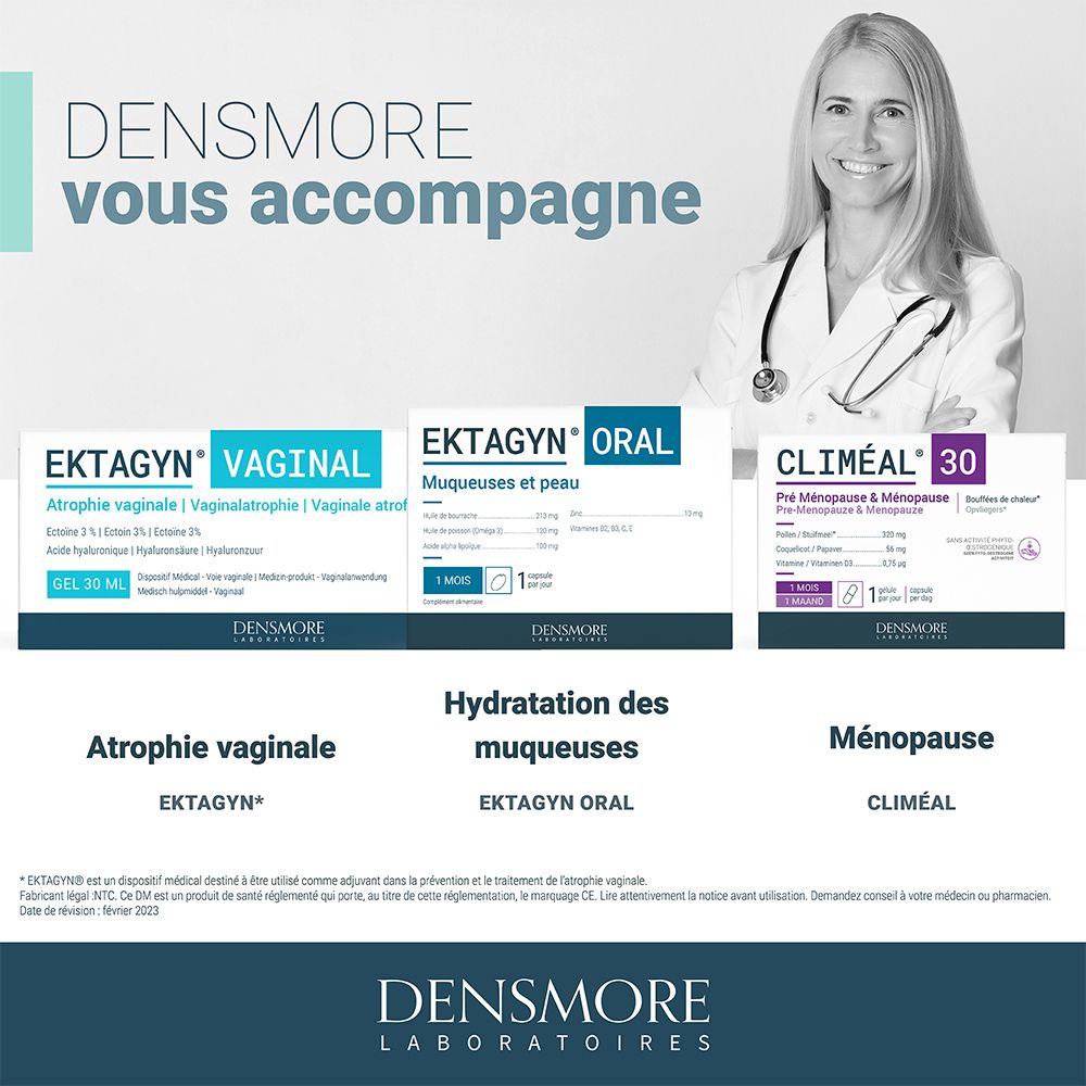 Publicité avec produits Densmore. Montre Ektagyn Vaginal, Ektagyn Oral et Climeal 30. Avec médecin.