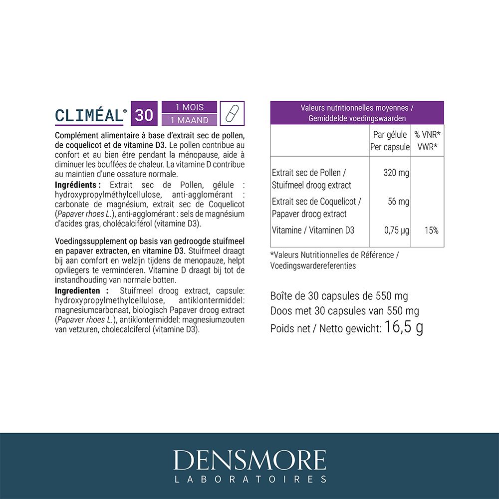Tableau nutritionnel pour Climeal 30. Montre ingrédients comme pollen, coquelicot et vitamine D3.