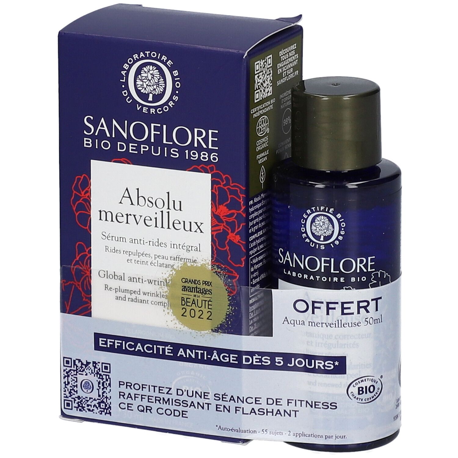 SANOFLORE Absolu Merveilleux und Mini Aqua Merveilleuse Bio. Blaue Flasche und Schachtel. Text: Absolu Merveilleux, Bio.