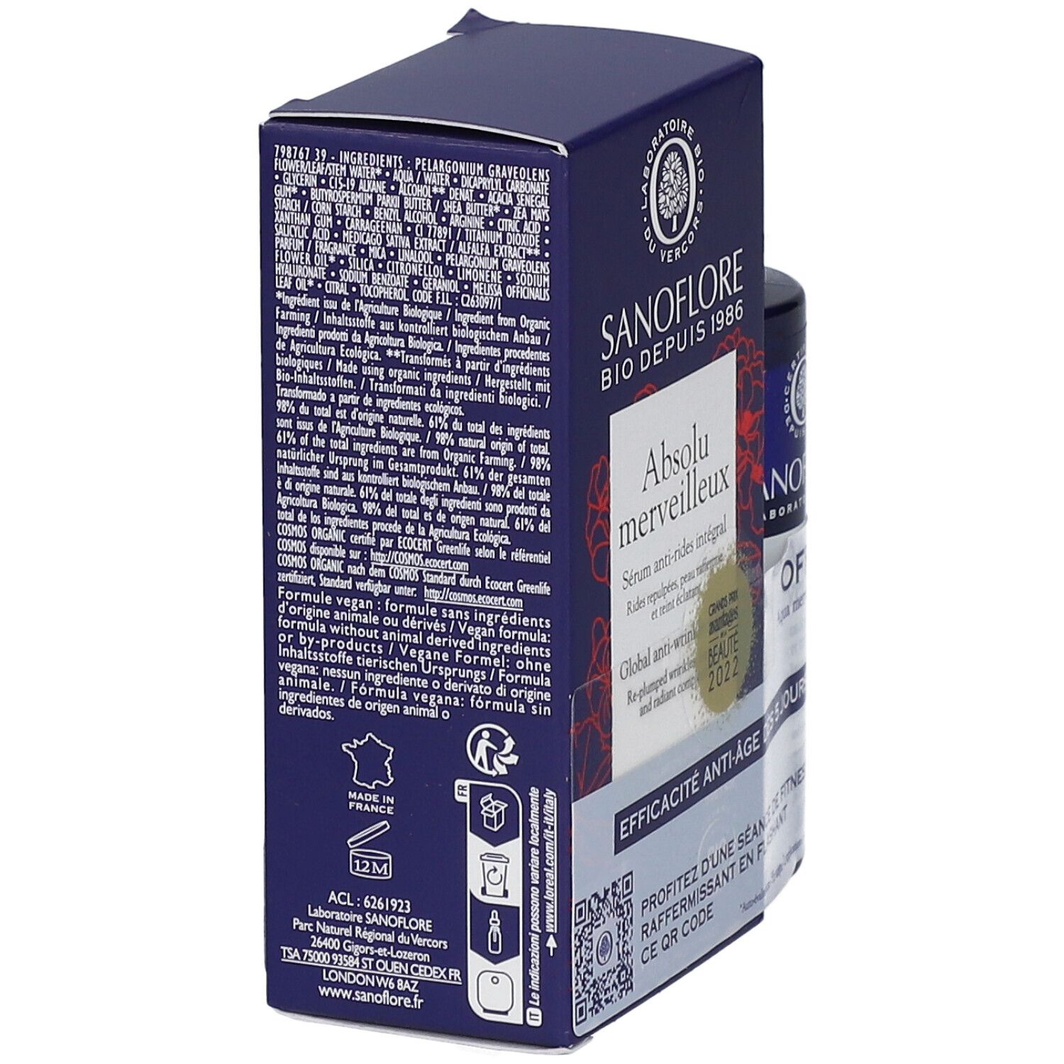 Rückseite der SANOFLORE Absolu Merveilleux Verpackung. Text: Inhaltsstoffe, vegane Formel, hergestellt in Frankreich. QR-Code.