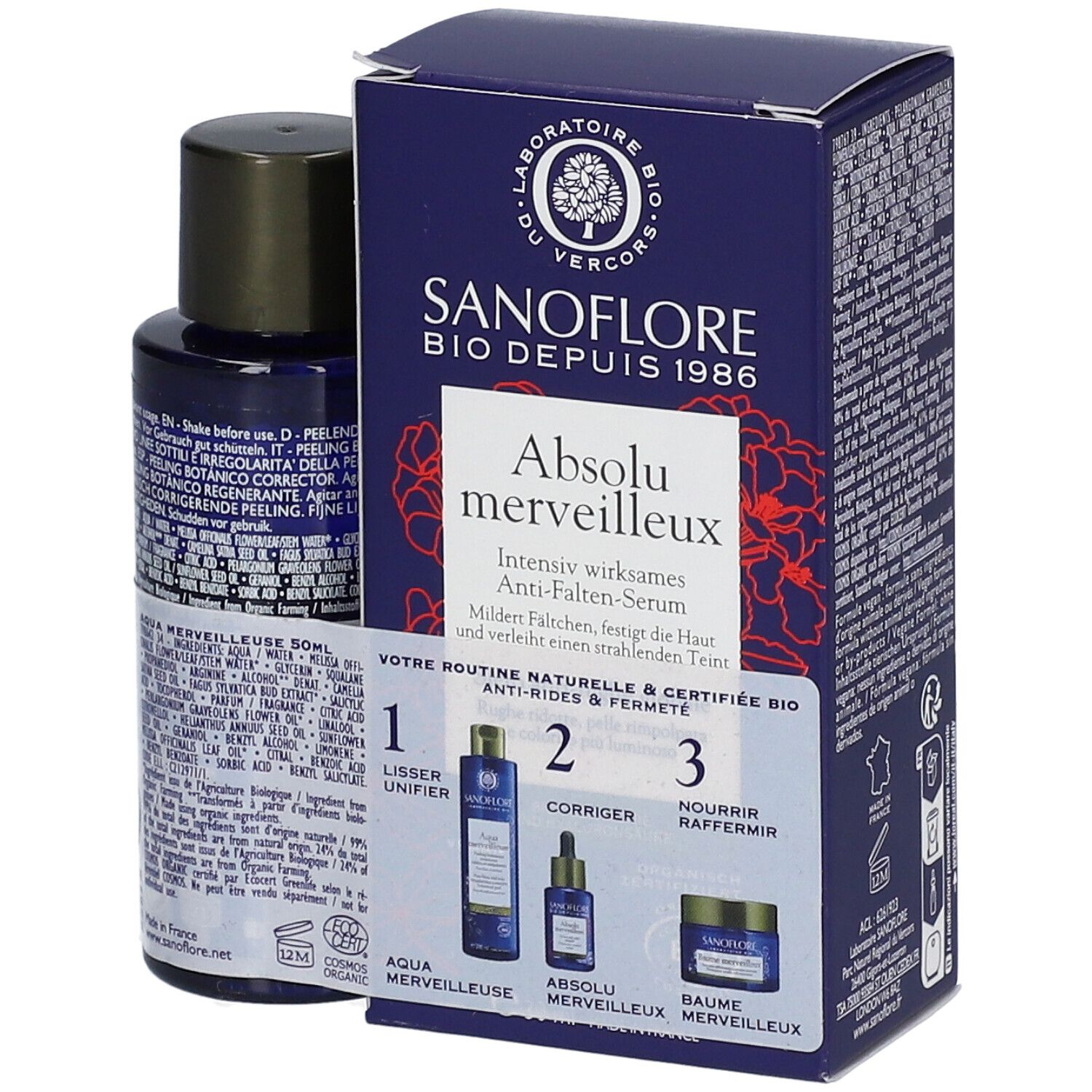 SANOFLORE Absolu Merveilleux und Mini Aqua Merveilleuse Bio. Flasche und Schachtel. Text: Anti-Falten-Serum, Bio.