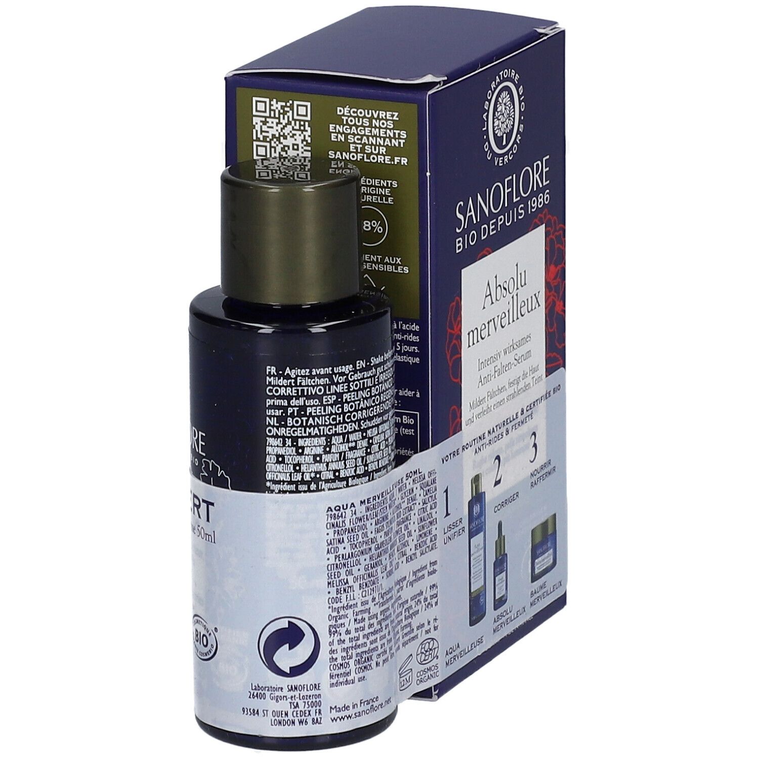 SANOFLORE Absolu Merveilleux und Mini Aqua Merveilleuse Bio. Flasche und Schachtel. Text: Anti-Falten-Serum, Bio.