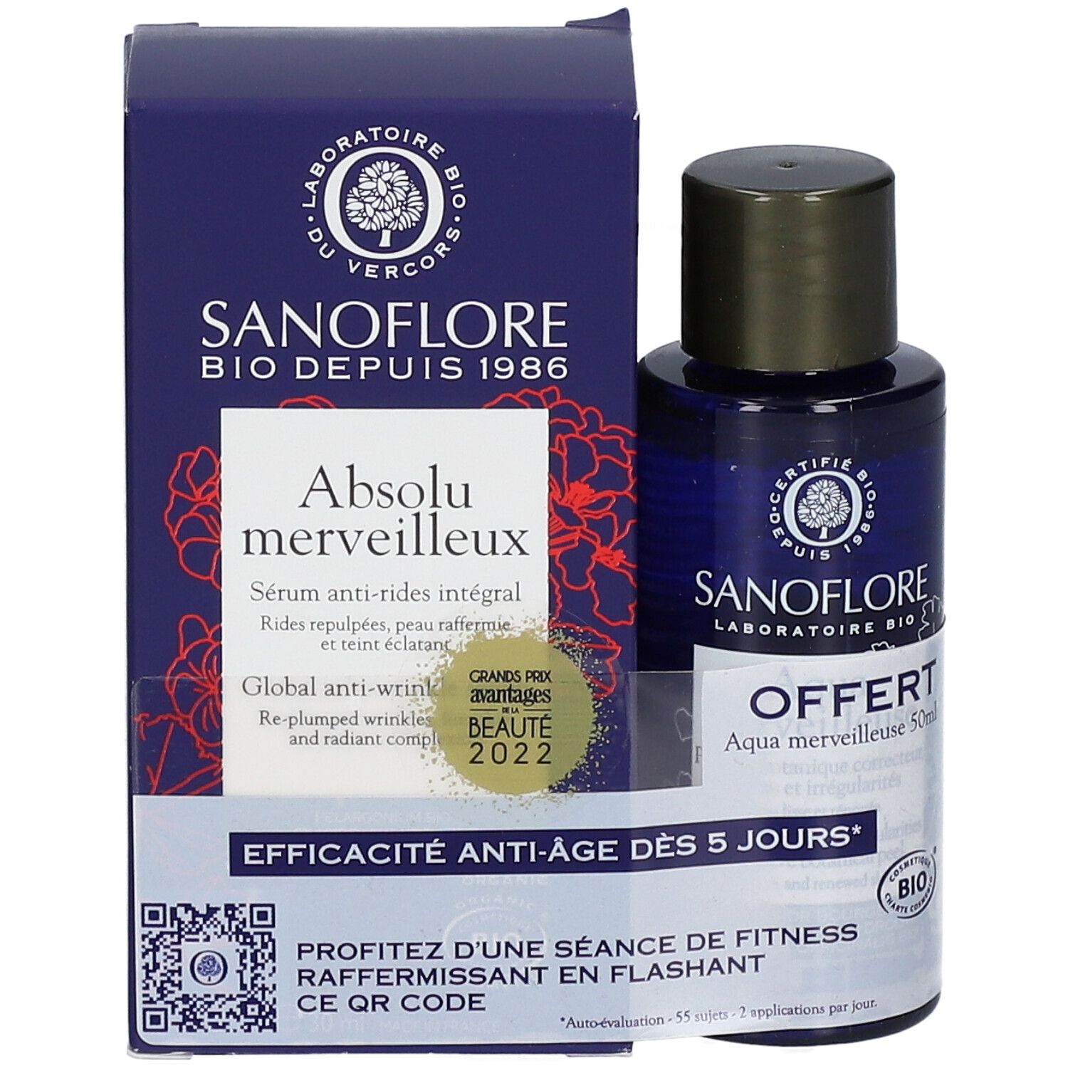 SANOFLORE Absolu Merveilleux und Mini Aqua Merveilleuse Bio. Blaue Flasche und Schachtel. Text: Absolu Merveilleux, Bio.
