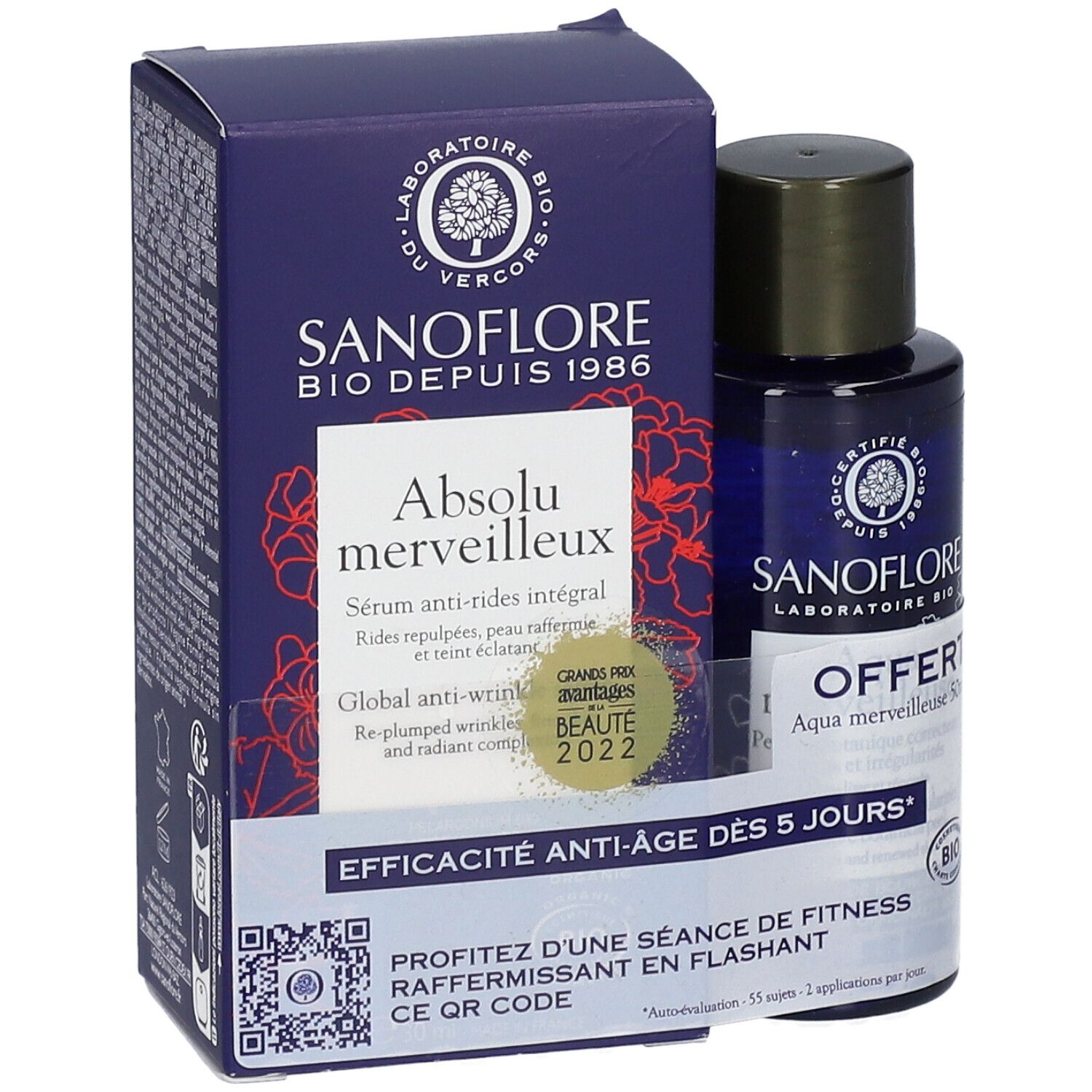 SANOFLORE Absolu Merveilleux und Mini Aqua Merveilleuse Bio. Blaue Flasche und Schachtel. Text: Absolu Merveilleux, Bio.