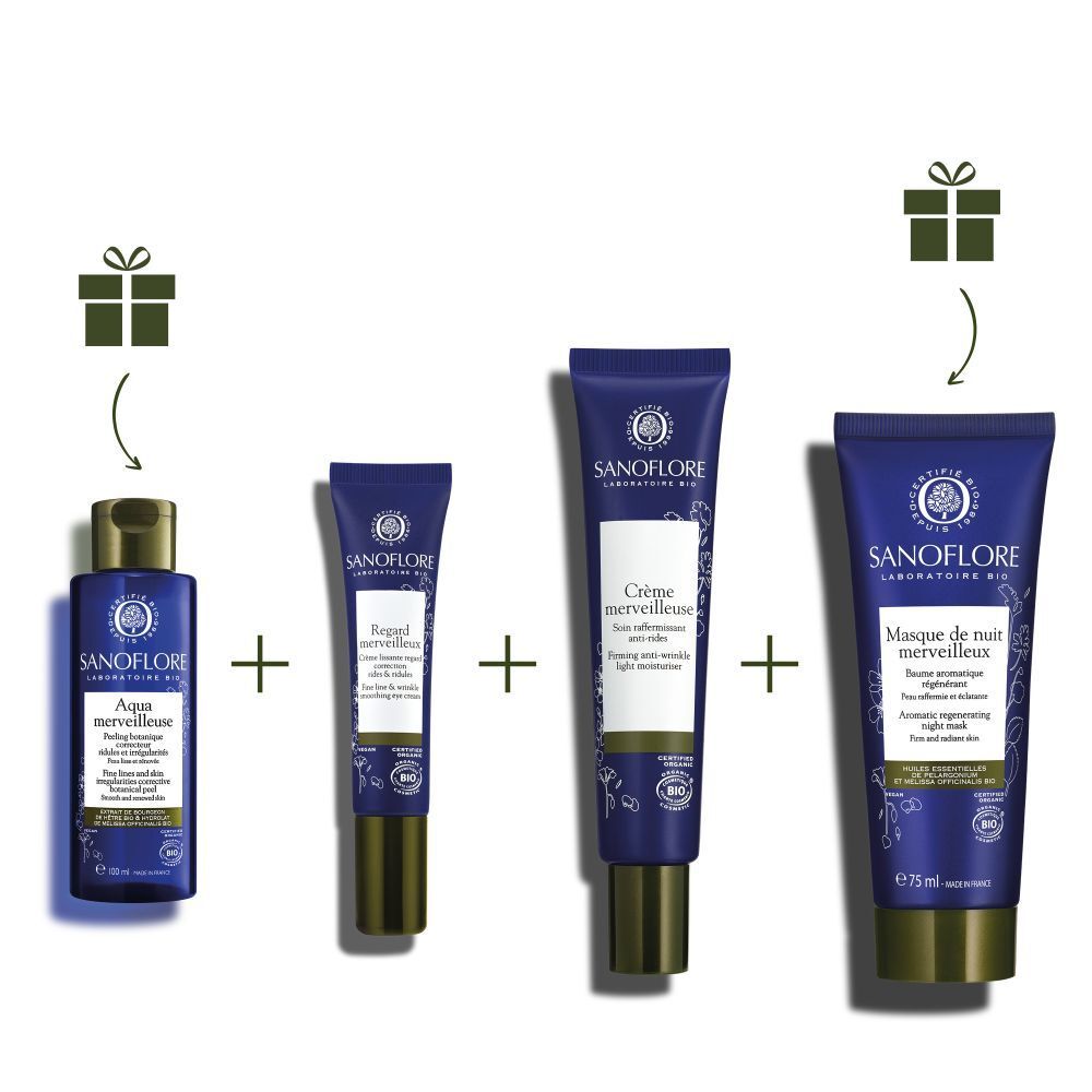 Vier Produkte von SANOFLORE: Flasche, Augenserum, Creme und Nachtmaske. Geschenkverpackung.