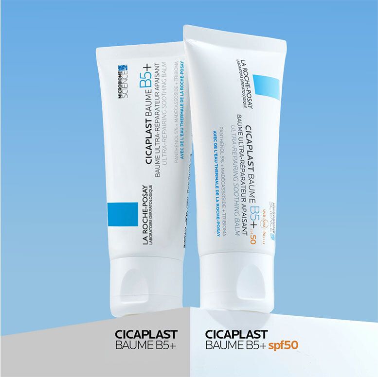 Zwei Tuben La Roche-Posay Cicaplast Baume B5+ und B5+ SPF50 vor hellem Hintergrund.
