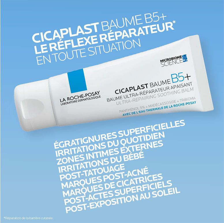 Tube La Roche-Posay Cicaplast Baume B5+ mit Text "Le réflexe réparateur en toute situation".