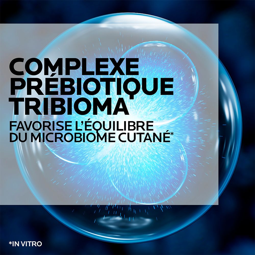 Graphique avec texte: COMPLEXE PRÉBIOTIQUE TRIBIOMA. Favorise l'équilibre du microbiome cutané.