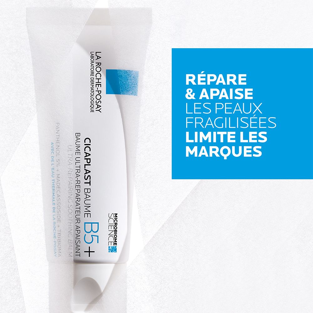 Tube blanc et bleu. LA ROCHE-POSAY Cicaplast Baume B5+. Texte.