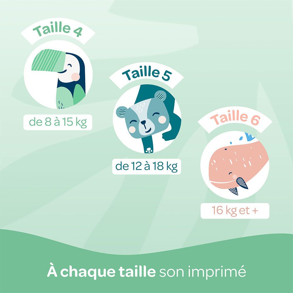 Tailles de couches: 4 (8-15 kg), 5 (12-18 kg), 6 (16 kg+). Illustrations d'animaux.