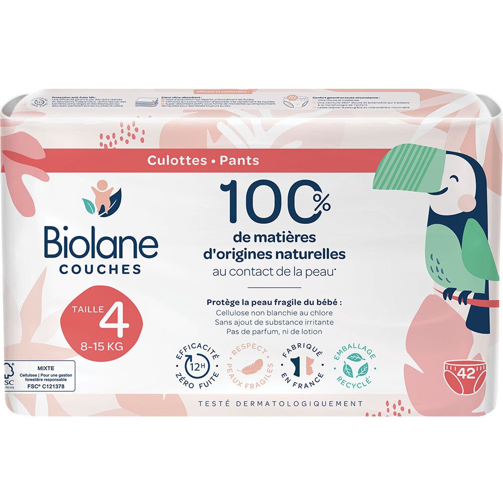 Paquet de couches Biolane Gr. 4. 100% matières naturelles. Taille 4, 8-15 kg. Illustration d'un toucan.