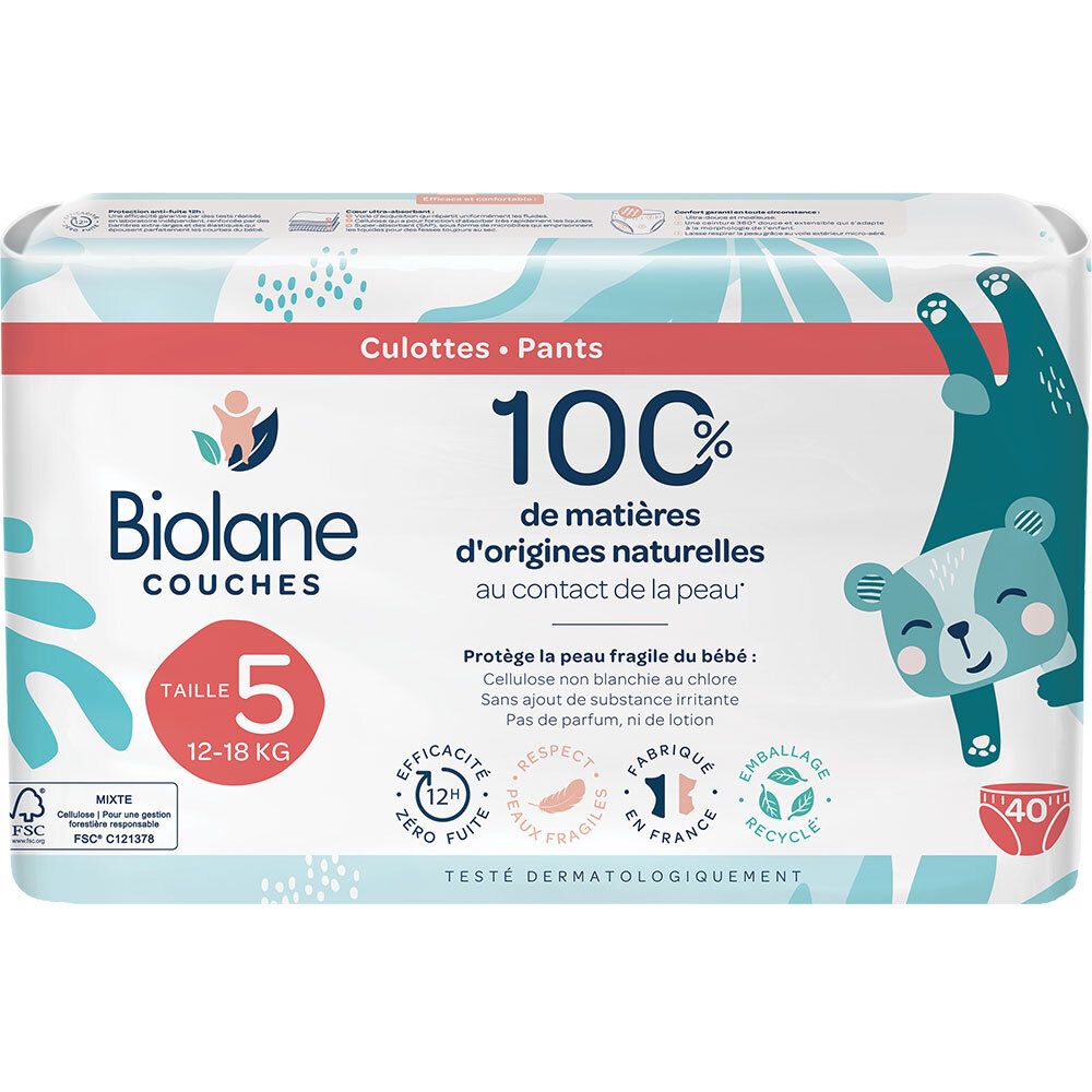 Biolane Höschenwindeln, Größe 5, Verpackung. 100% natürliche Materialien. Bär-Illustration. 12-18 kg. 40 Stück.