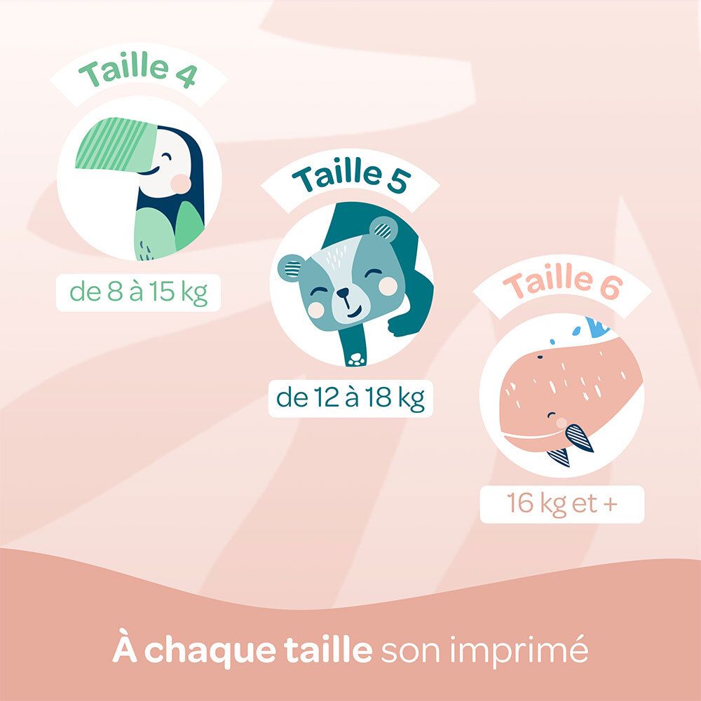 Illustrations des tailles de couches. Taille 4 : 8-15 kg. Taille 5 : 12-18 kg. Taille 6 : 16 kg+. Illustrations d'animaux.